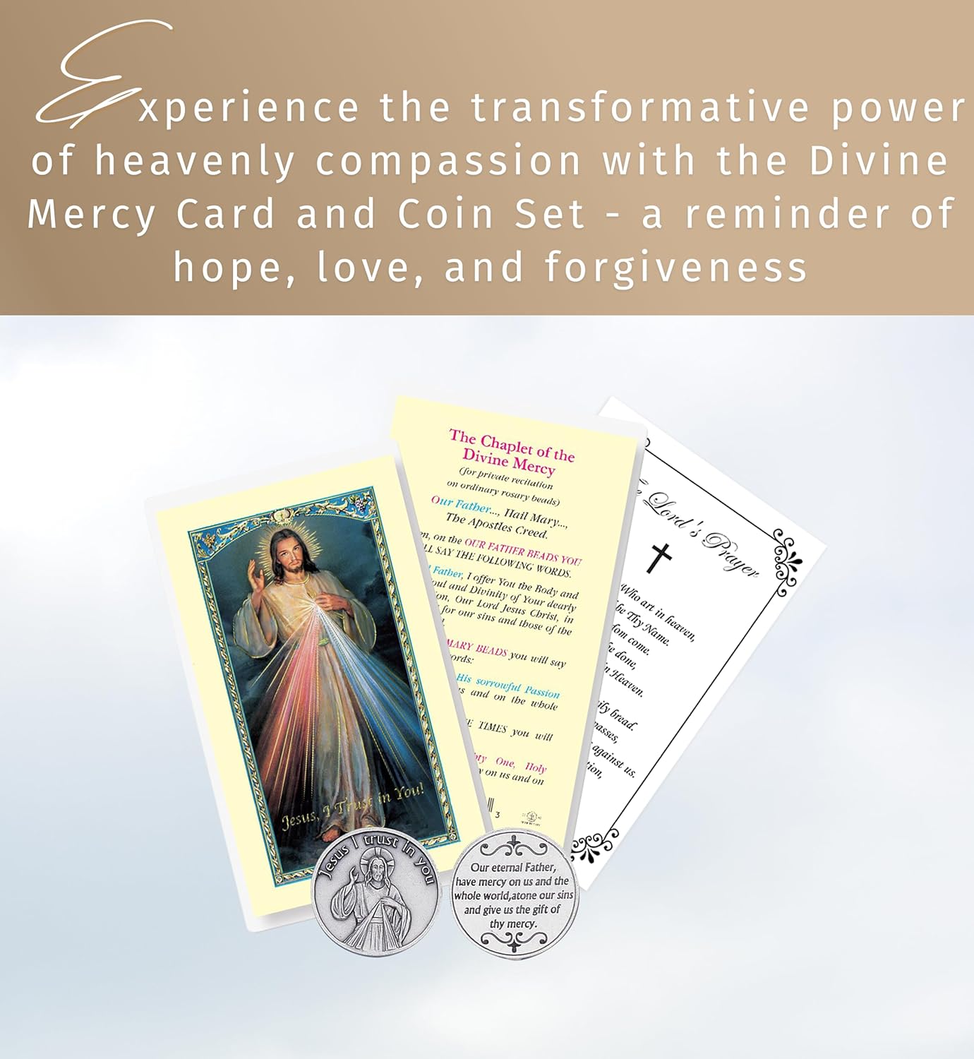 Trendzeen Divine Mercy Card - Laminated Divine Mercy Chaplet Card, Jesus Pocket Token, The Lord's Prayer - Catholic Prayer Cards And Tokens Set - 3 Items Total - Image 2