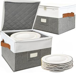 China Storage Containers,Quilted Dish Plate Storage with Stackable Lid for Dinnerware Kitchen Moving,2PACK 12 * 12 * 8in(Grey)