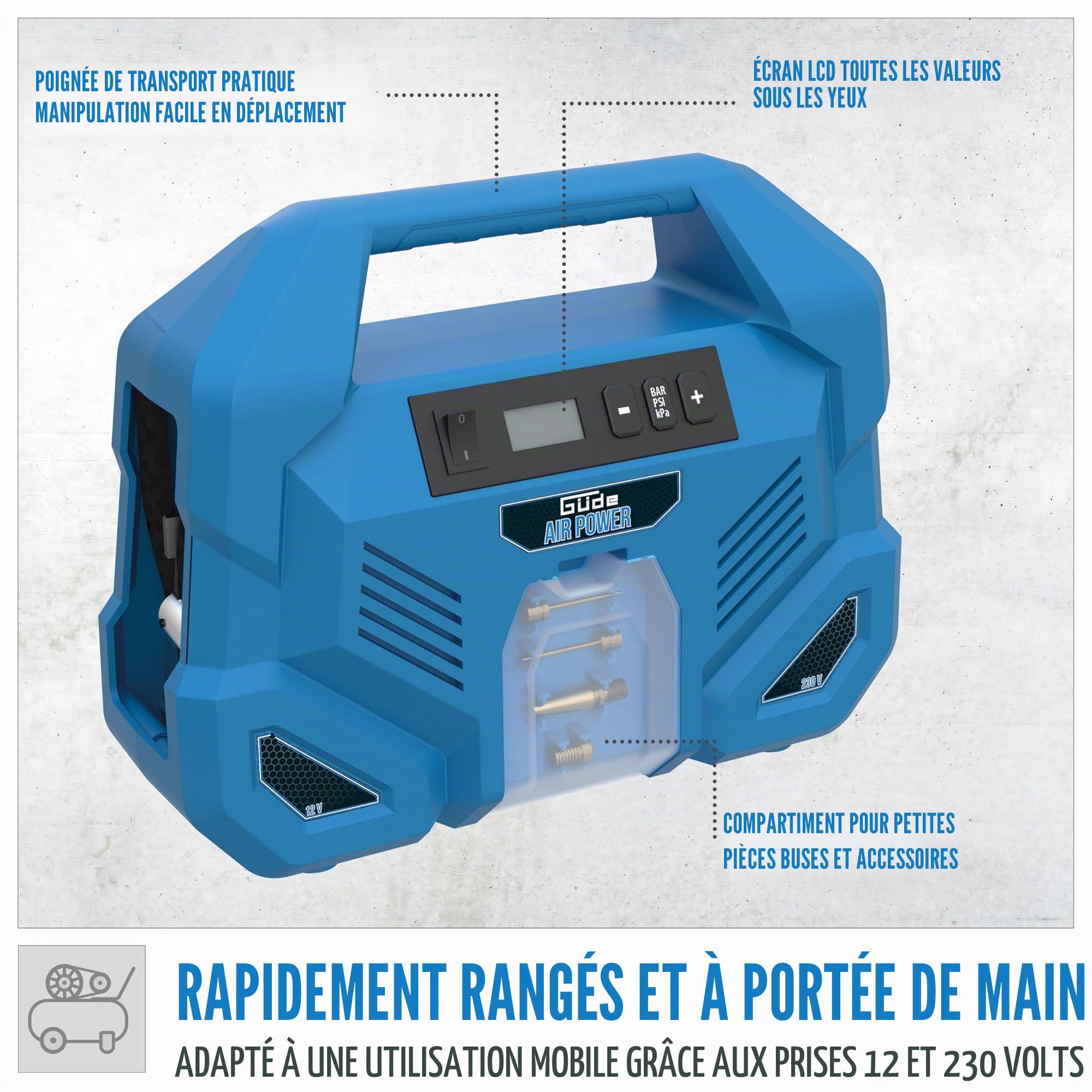 Güde Compresseur Airpower Dual Drive 12/230V/5 pièces: 150W, max 8bar, 20l/min, sans huile ni entretien, connexion 12V et 230V, écran LCD, tuyau d'air, bleu et noir