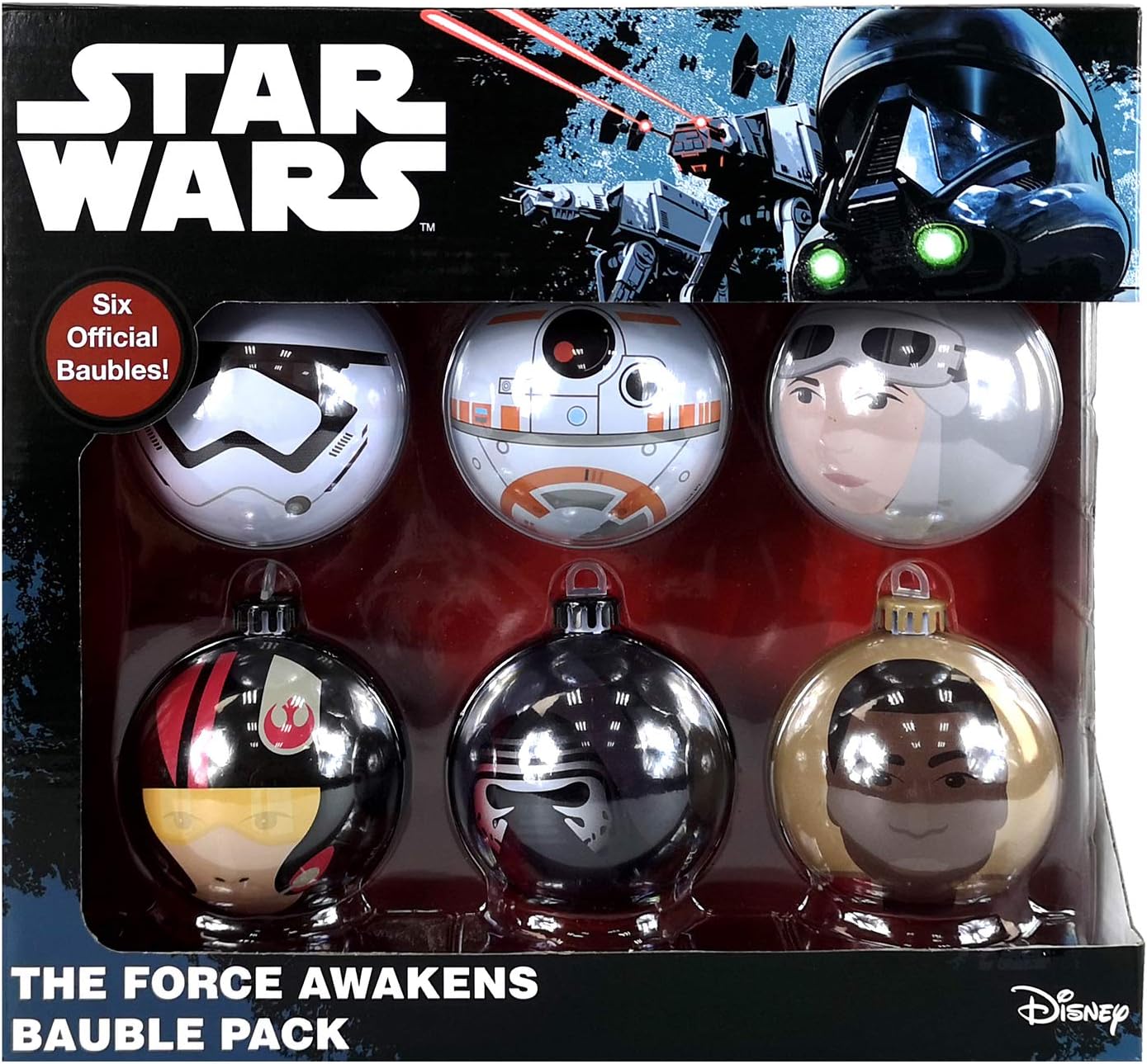 1 x Star Wars The Force Awakens 6PC Christmas Tree Tin Baubles Decoration Pack - 7.5cm x 7.5cm - Featuring 6 Different Designs.