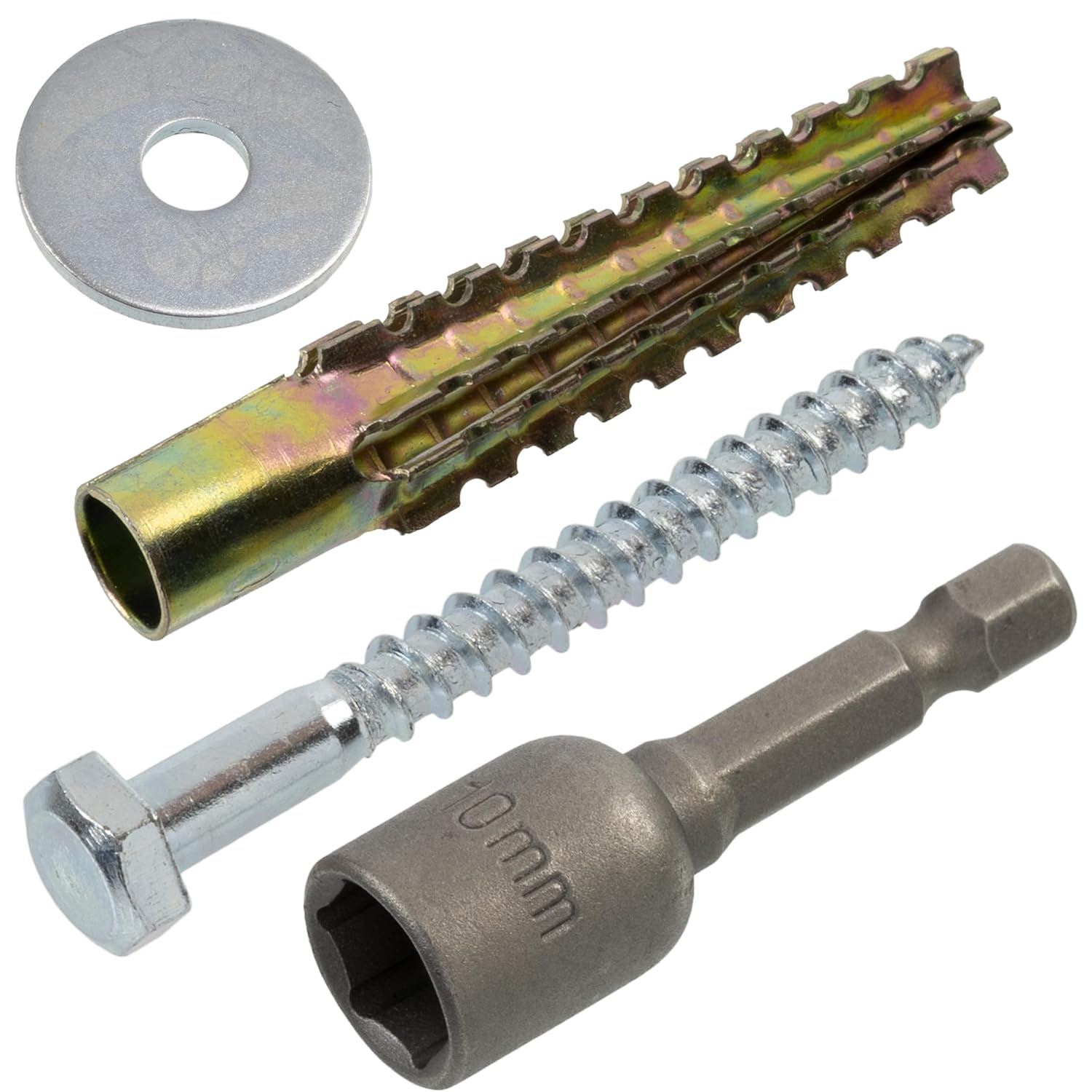 AERZETIX - Kit of 15 metal expansion dowels Ø8 x 60 mm gold colour + 15 screws Ø6 x 60 mm partial thread + 15 wide washers for M6 bolt + hex socket bit SW10