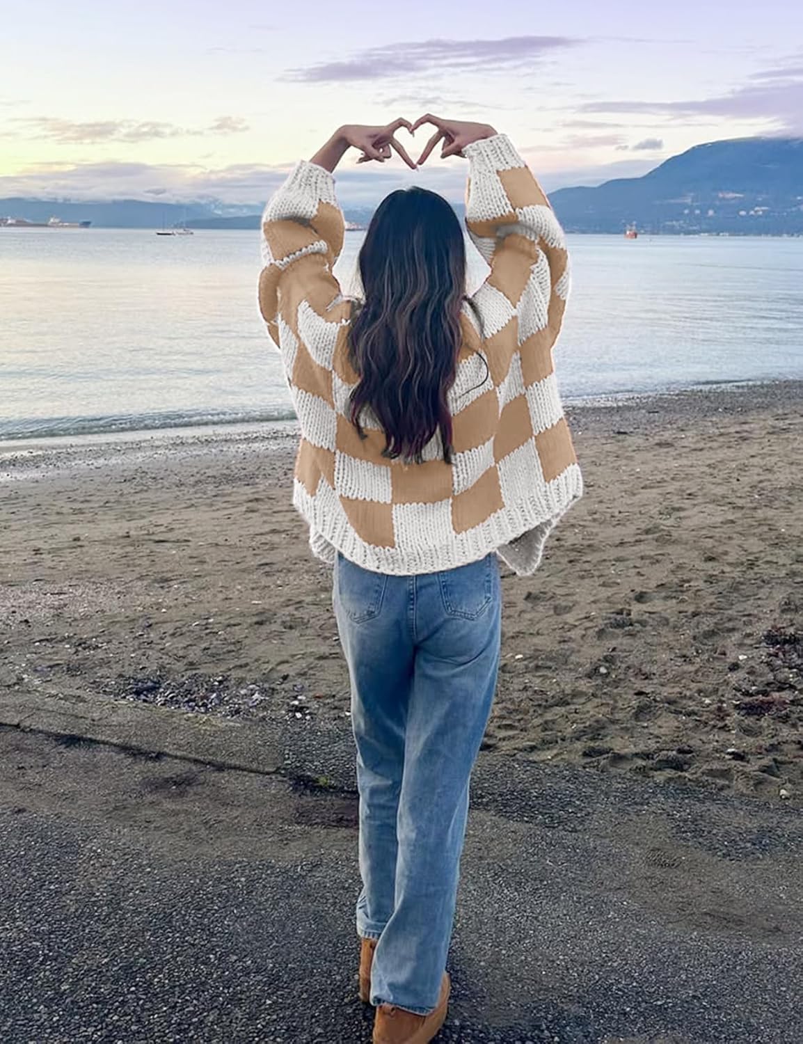 Wyeysyt Checkered Cardigan Sweaters for Women Open Front Long Sleeve Cardigan Cropped Chunky Knit Sweaters Outwear - Image 4