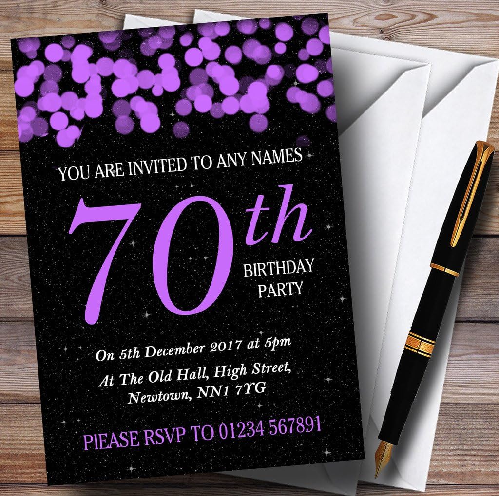 Purple Bokeh & Stars 70th Personalized Birthday Party Invitations