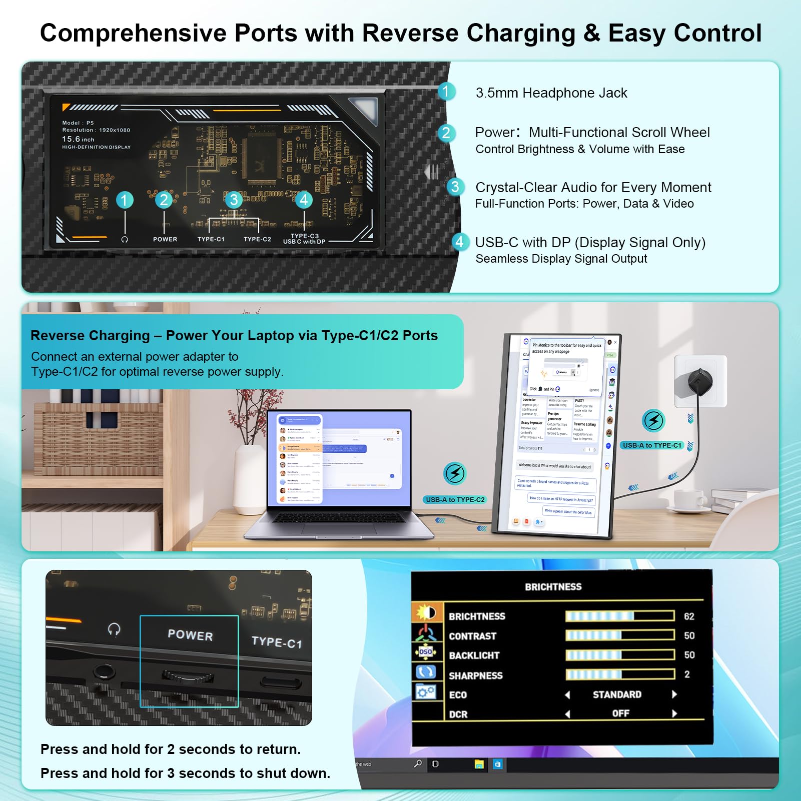 Laptop Screen Extender 15.6", 120% sRGB 1080P FHD Laptop Monitor Extender, Dual Screen for 13-17" Laotop, Plug and Play Portable Monitor with Windows/Mac/Android/Chrome/PS5