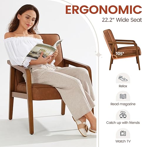 Miniatura 7 de Yaheetech Silla decorativa de piel sintética silla de barril moderna de mediados de siglo con marco de madera y acolchado suave y grueso para sala