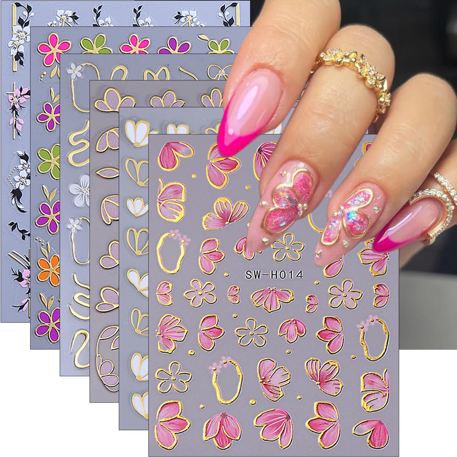 6Pcs Flower Nail Stickers for Nail Art Elegant Floral Nail Decals 3D Self-Adhesive Colorful Blossom Flower Nail Art Stickers Gold Bow Nail Supplies