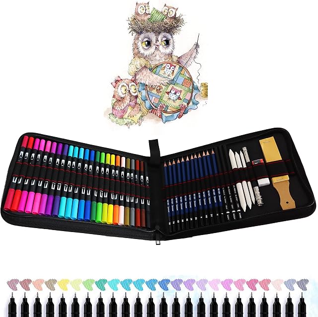 Fineliner Pens, 24 Dual Tip Brush Pens, 12 Sketching Pencils and Drawing Art Set Attached Painting Book for Children and Adults Colouring, Sketching, Painting
