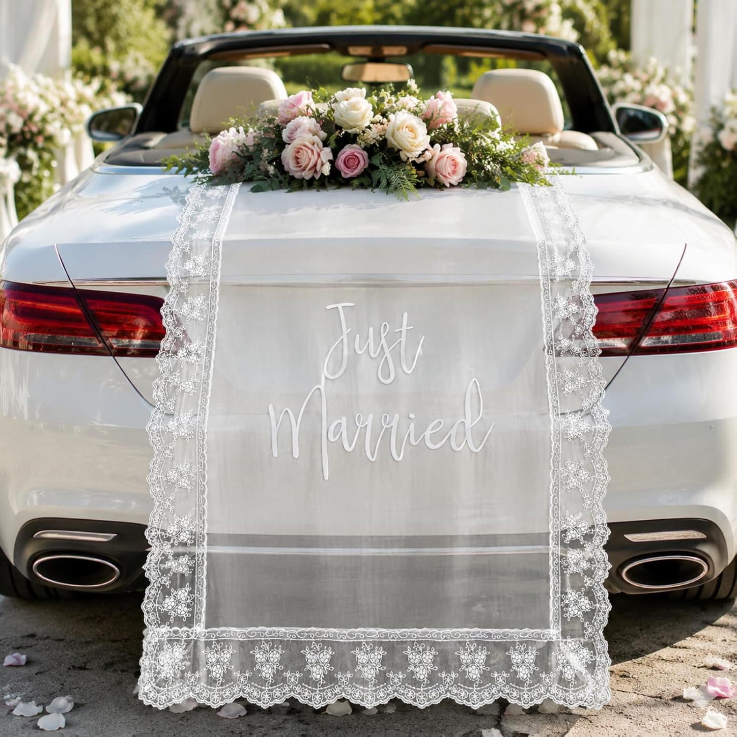 HunnmingRe Just Married Lace Sign for Wedding Car Banner Decorations 24 x 60 Inch Just Married Banner for Car Wedding Table Runner for Bridal Ceremony Party Decorative Supplies