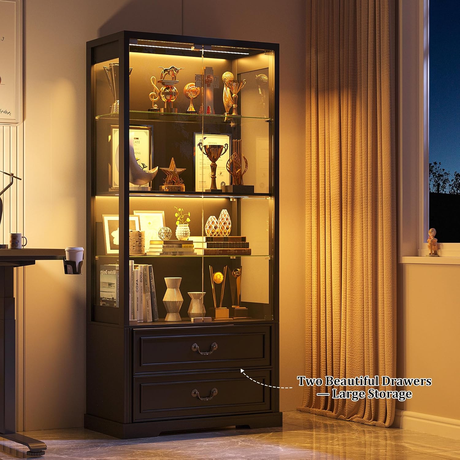 Close-up of the two functional drawers at the base of the FREDEES Display Cabinet, showing their storage capacity.