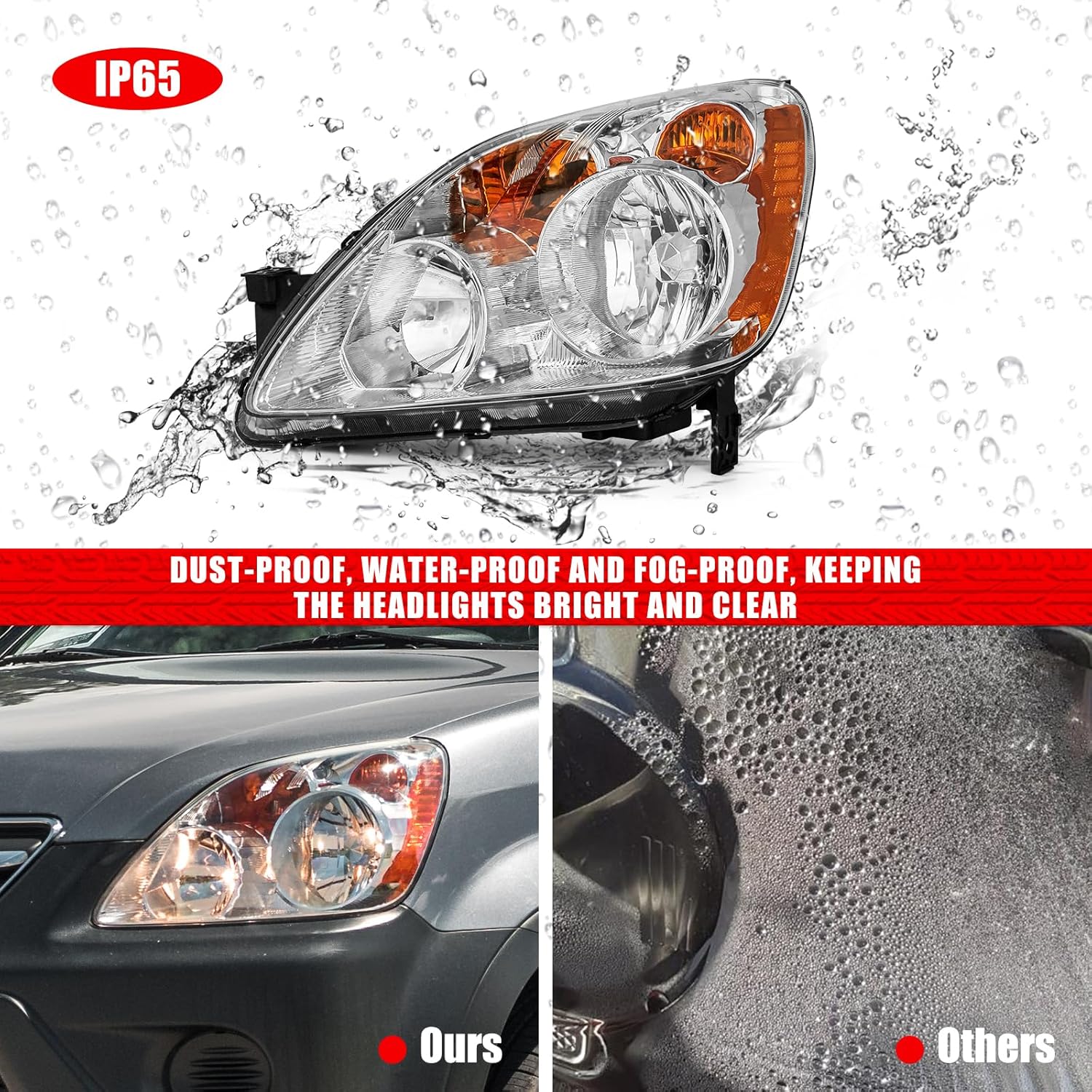 Headlight Compatible with 2005 2006 Honda CRV Headlamp Chrome Housing Amber Reflector Replacement Pair（W/O Bulbs）