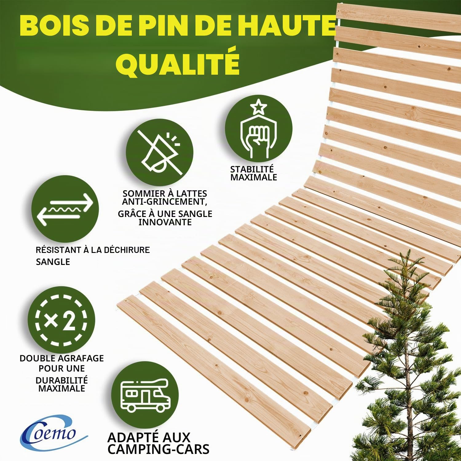 Coemo Sommier déroulable 90 x 200 cm – 21 Lattes – Sommier à Lattes Extra Solide en Bois Massif – Charge maximale : 250 kg – Sommier à Lattes déroulables pour lit Simple ou Double