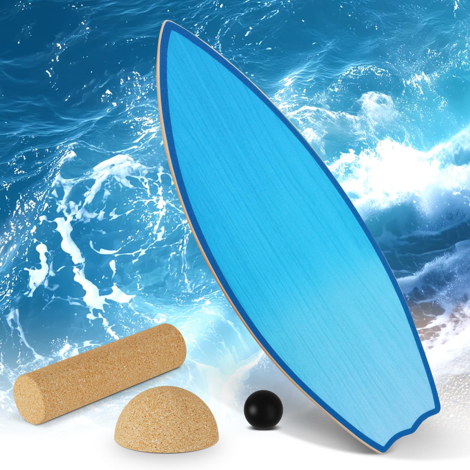 Vicye Balance Board Erwachsene & Surfing Balance Board Set – Holz Balanceboard mit Korkrolle, Halbkugel & Gummiball – Balance Trainer für Surfen, Snowboard, Skateboard – Rutschfeste Oberfläche