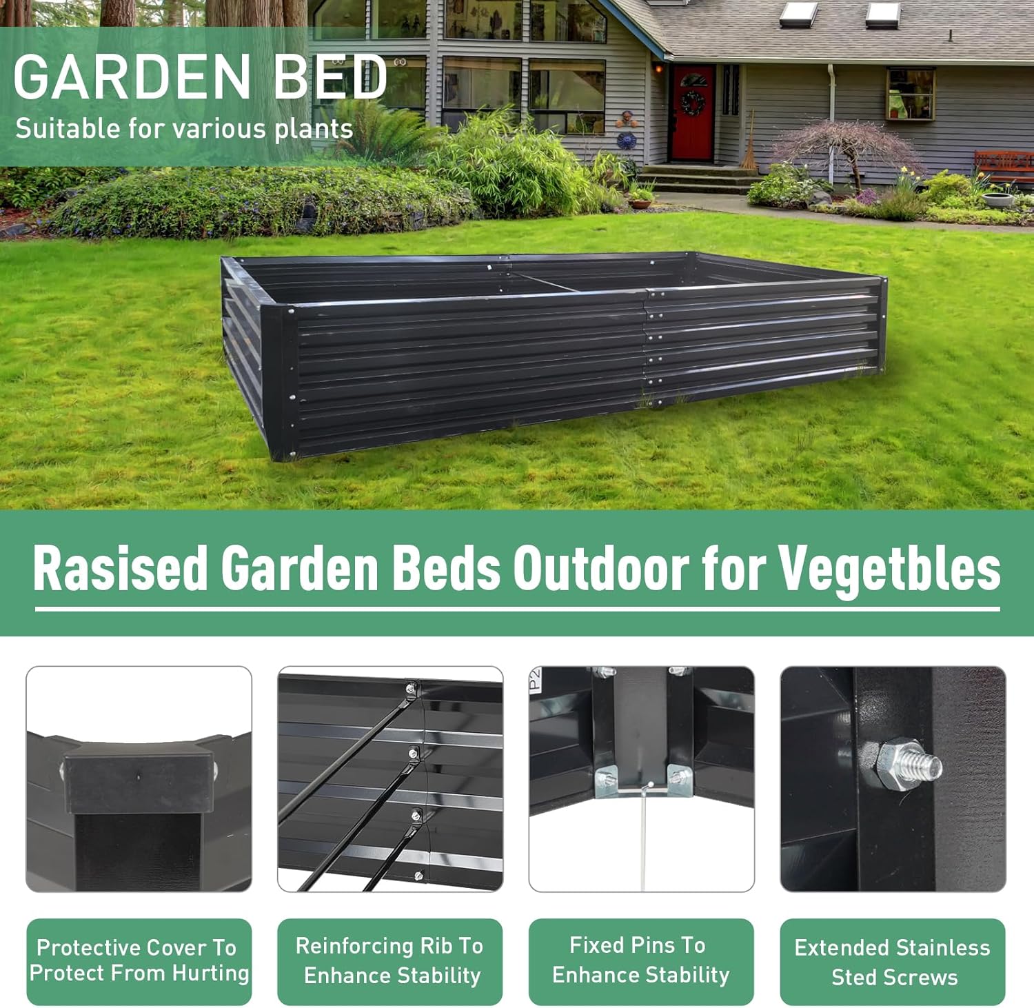 Metal Raised Garden Bed 8x4x1.5Ft Tall Outdoor Large Metal Galvanized Planter Boxes Kit for Vegetables, Flowers and Herbs,Garden Beds with 2Pcs Tomato Cage 1Pc Gloves,Black