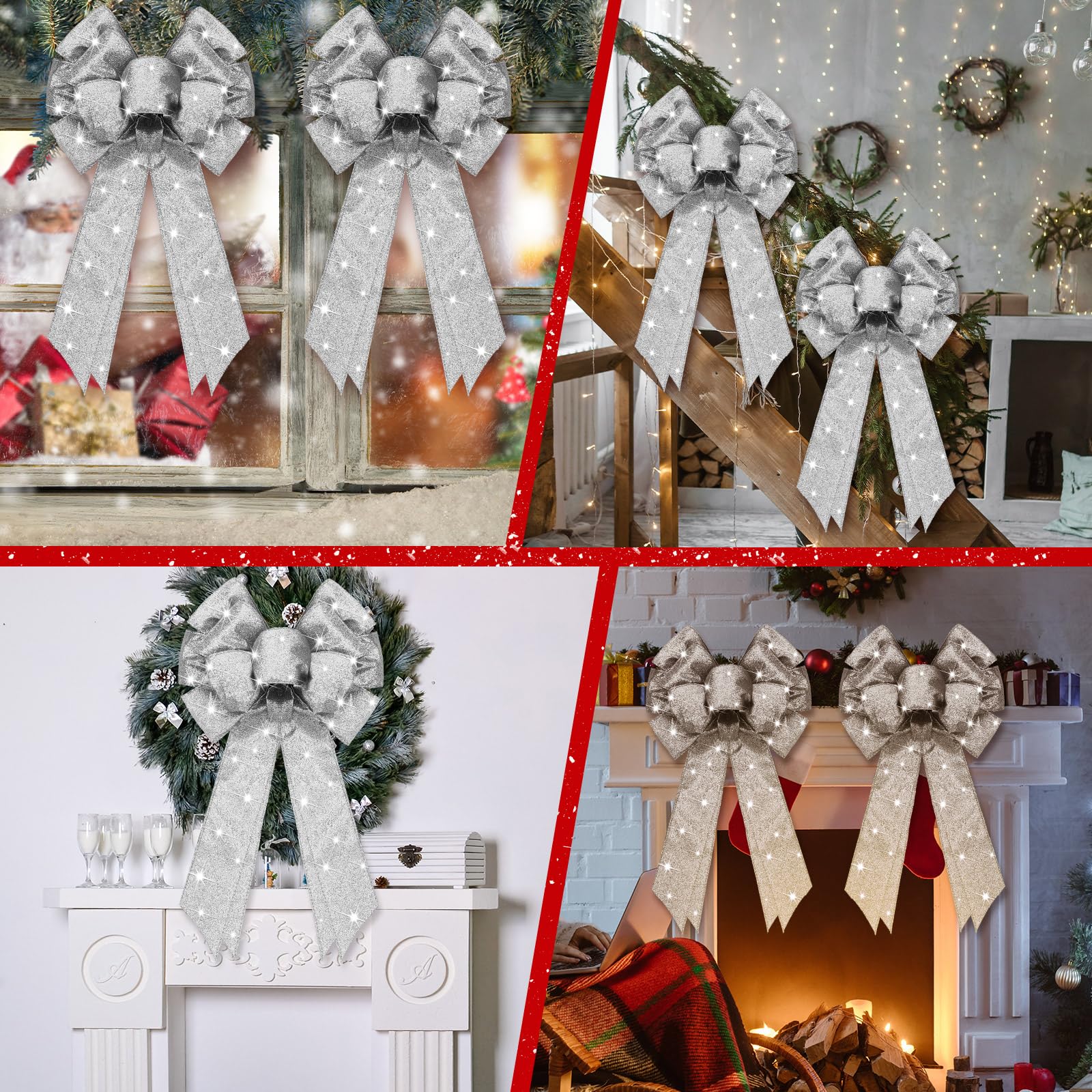 Giegxin Lot de 4 nœuds de couronne de Noël à DEL en toile de jute avec lumières LED pour décoration murale d'intérieur ou d'extérieur (argenté)