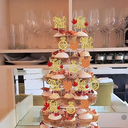 Miniatura 7 de 24 piezas de decoración de cupcakes con purpurina de hojas de arce con purpurina para cupcakes Mr & Mrs Diamond I Do para otoño, boda, compromiso,