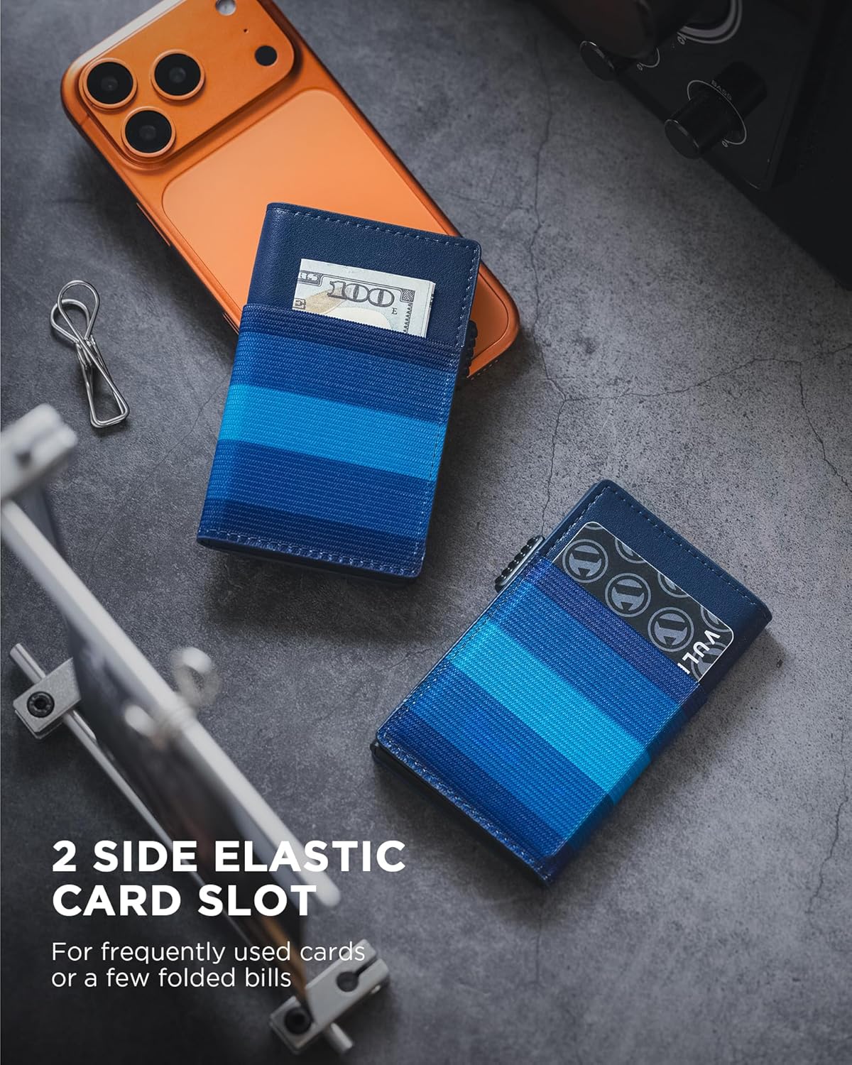 VULKIT Card Holder for Women Slim Card Wallet Minimalist Bifold Credit Card Holder RFID Blocking Pop Up Metal Card Case Magnetic Closure, Stripe Blue