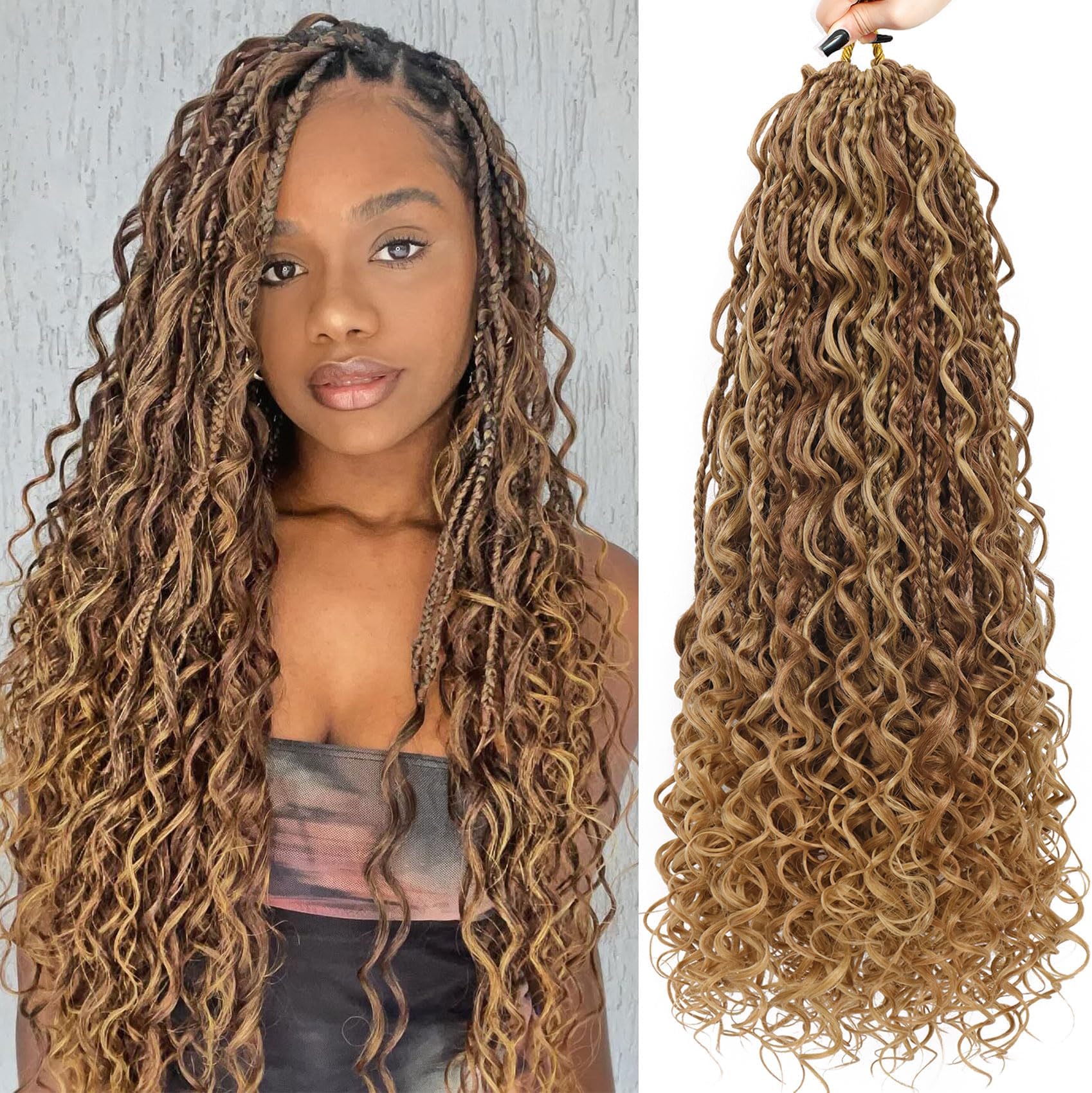 LIYATE Goddess Crochet Braids 24 Inch 7 Packs Boho Box Braids Crochet Hair with Curly Ends Pre Looped & Pre Twisted Unique Brown Mix Blonde Crochet Braiding Hair for Women, M33/30/27