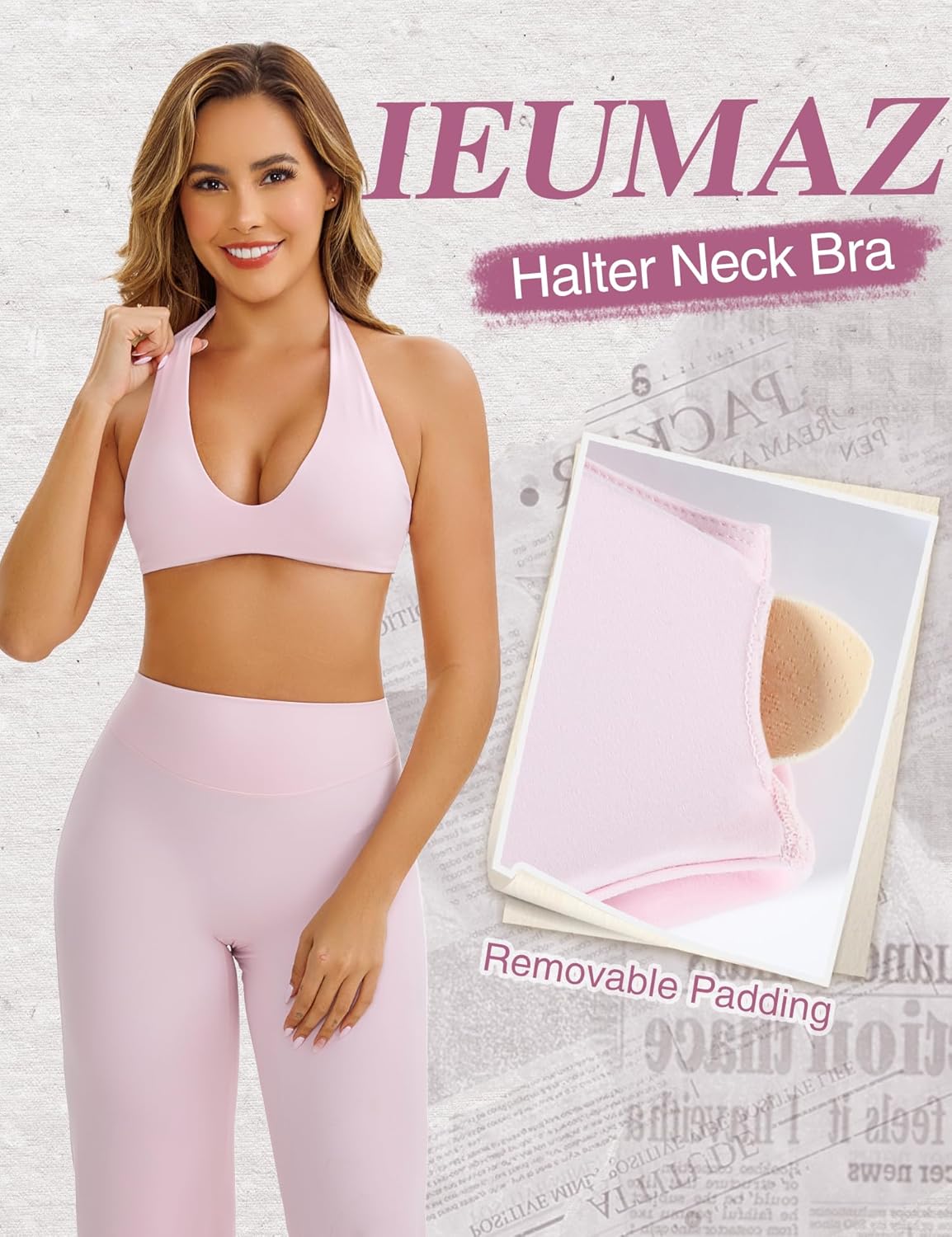 Halter Sports Bras for Women Minimal Deep V Neck Open Back Wireless Workout Gym Yoga Bra - Image 2