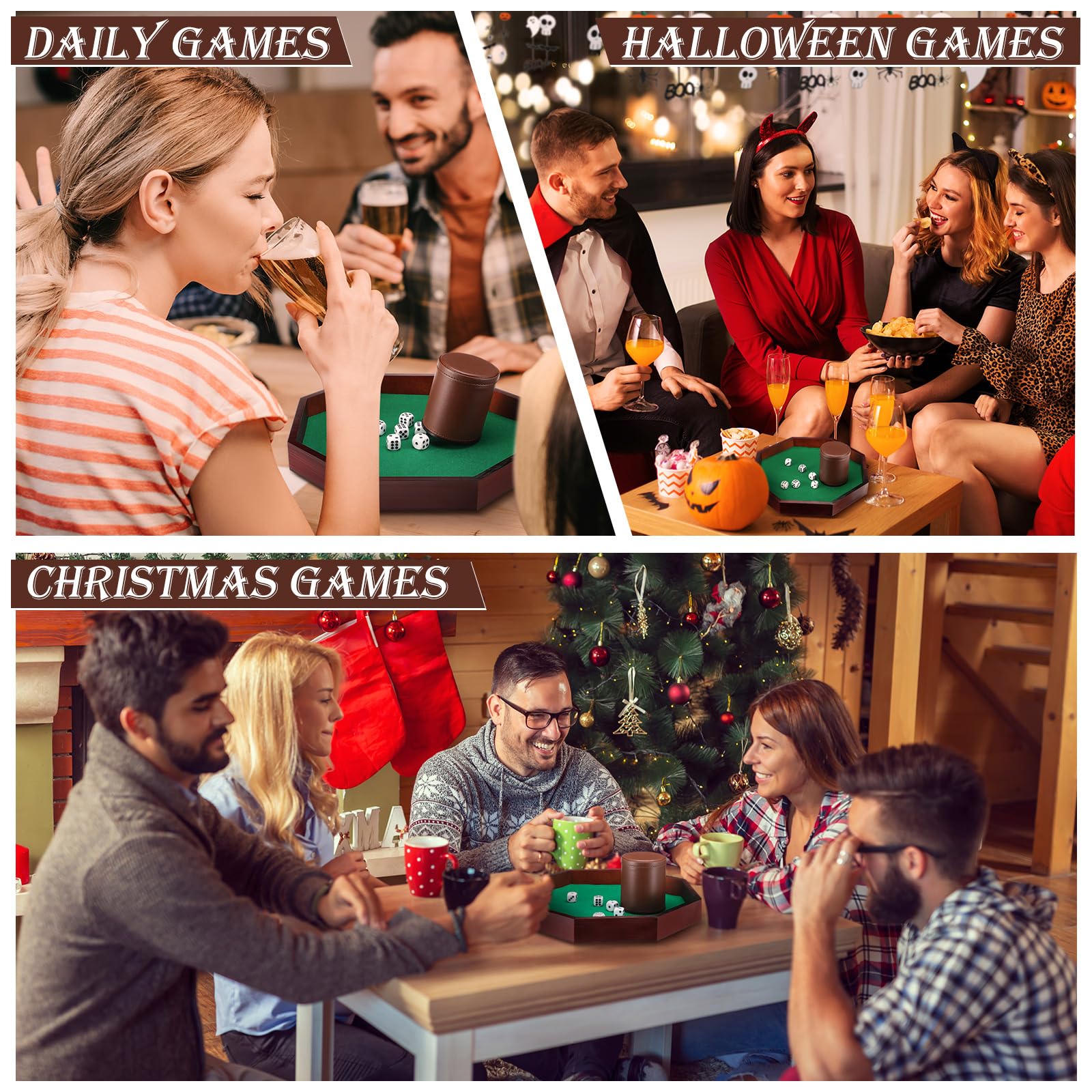 MiniInflat El juego de dados octogonal de Navidad incluye bandeja de dados de madera, forro de fieltro, taza de dados de piel sintética con 6 dados de puntos para juegos de mesa (café)