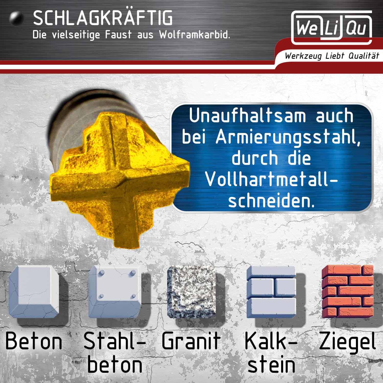 WELIQU TopCut SDS-PLUS X Hammerbohrer Set für Stahlbeton, 7-teilig, Ø 5-12 mm SDS Plus Bohrer Set für Beton, Betonbohrer, Steinbohrer