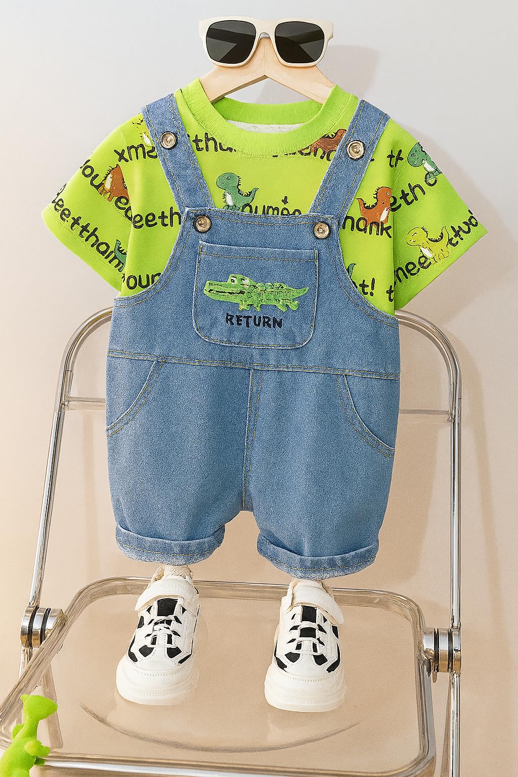 Bold N Elegant Soft Plush Monkey Elephant Cartoon Denim Bibshorts Dungaree Dungri Jumper for Baby Boy Girl Kids (IN, Age, 3 Years, 4 Years, Green) 2