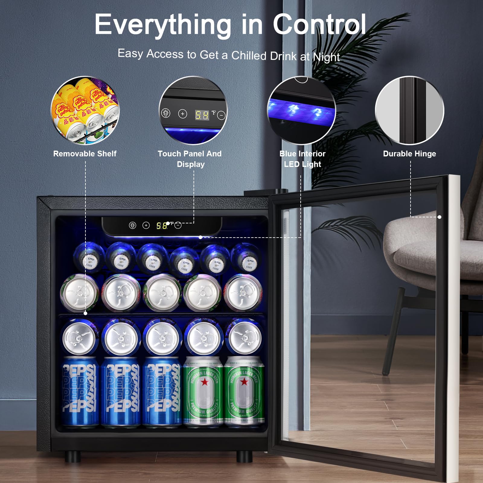 Antarctic Star Mini Fridge Cooler 68 Can Wine Cellar Refrigerator Glass Door For Beer Soda Wine Small Drink Dispenser Clear Front Door Removable For Home, Office Or Bar, 1.6cu.Ft., Silver on Fridge.com - View 4