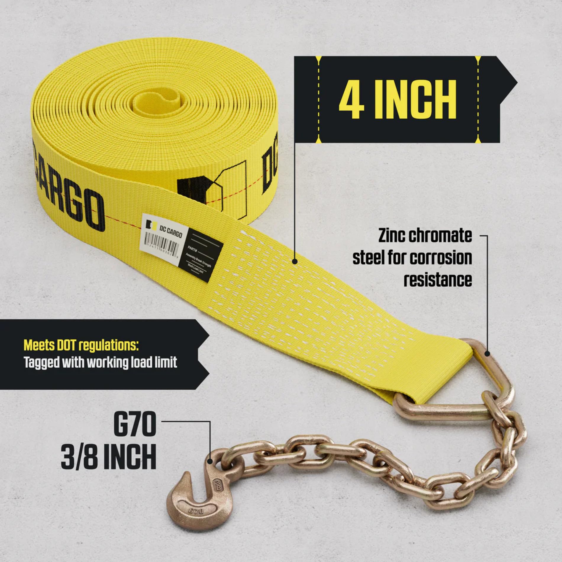 DC Cargo Mall Deux Sangles de treuil Robustes de 10,2 cm x 9,1 m avec extrémité de chaîne et Crochet, résistance à la Rupture de 7,348 kg | Chain TieDowns