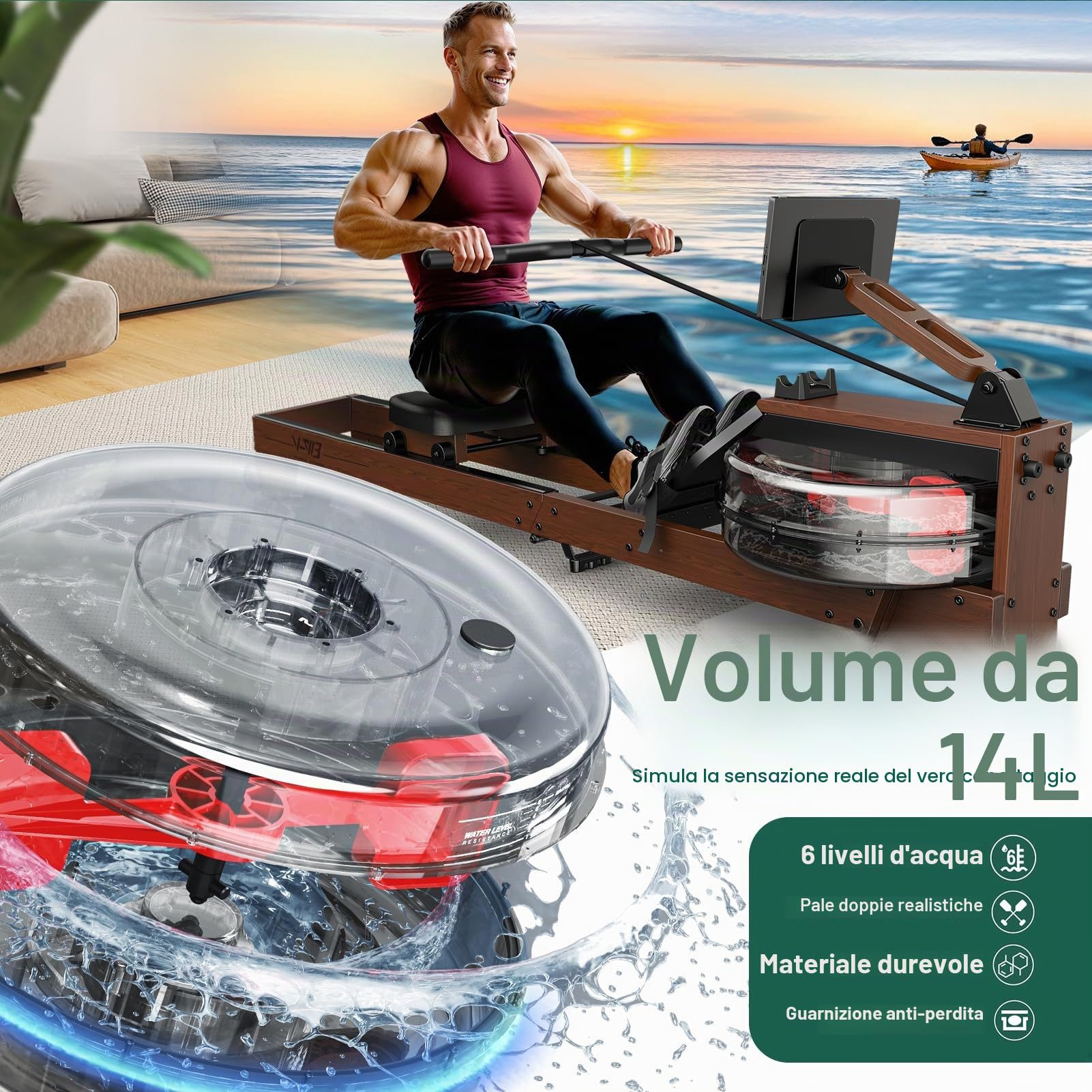 Vogatore Pieghevole per Casa - Costruzione in Legno di Alta Qualità, Rower ad Acqua Bluetooth, Facilmente Pieghevole, Altezza Utente Idonea da 1,2m~2m, Carico Massimo 175 kg, Garanzia di 2 Anni