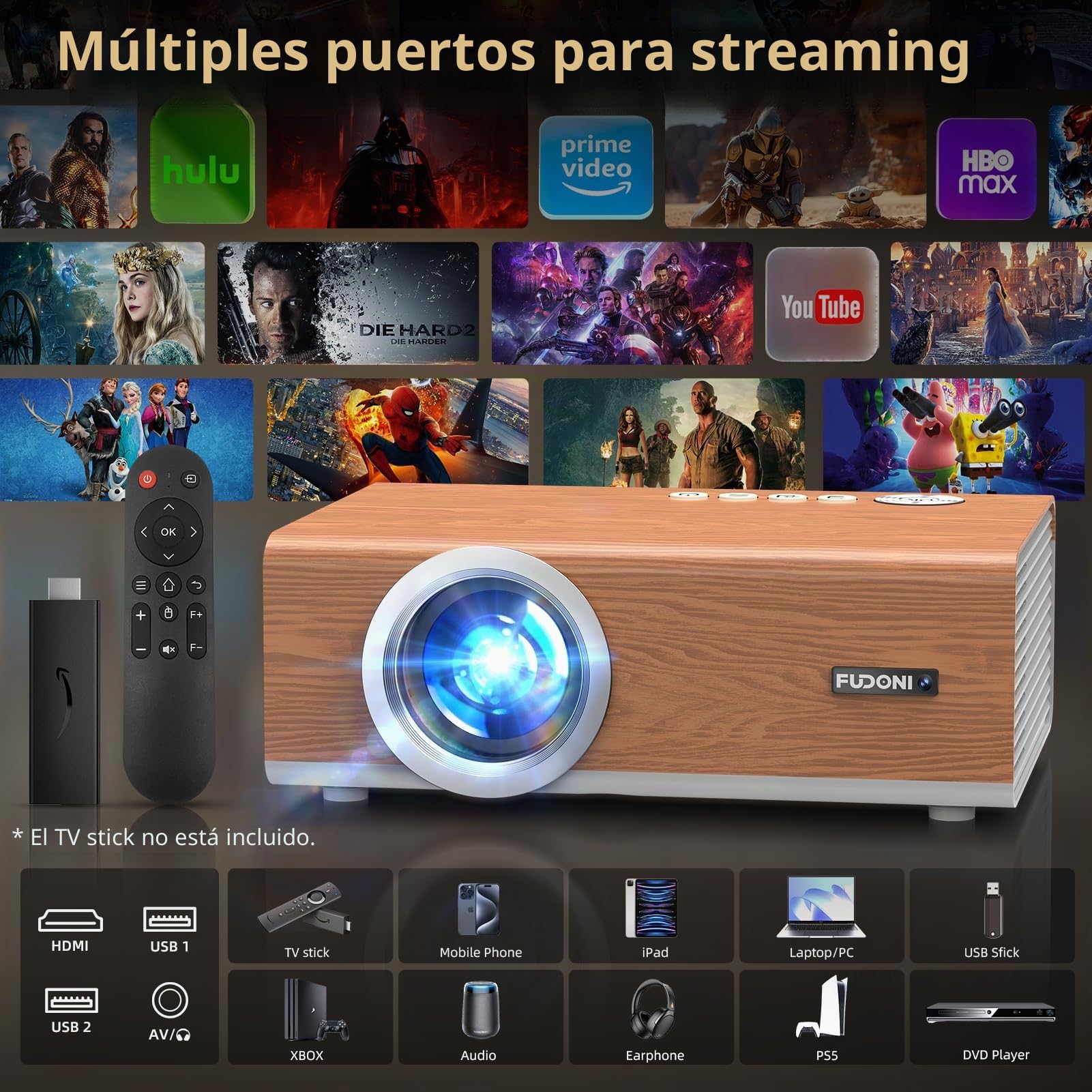 [Enfoque eléctrico/Alto Brillo] Proyector con WiFi y Bluetooth, proyector de películas Nativo 1080P para Exteriores, FUDONI Home Theater Auto 6D, Pantalla de 300 Pulgadas para USB/HDMI/iOS/Android/TV