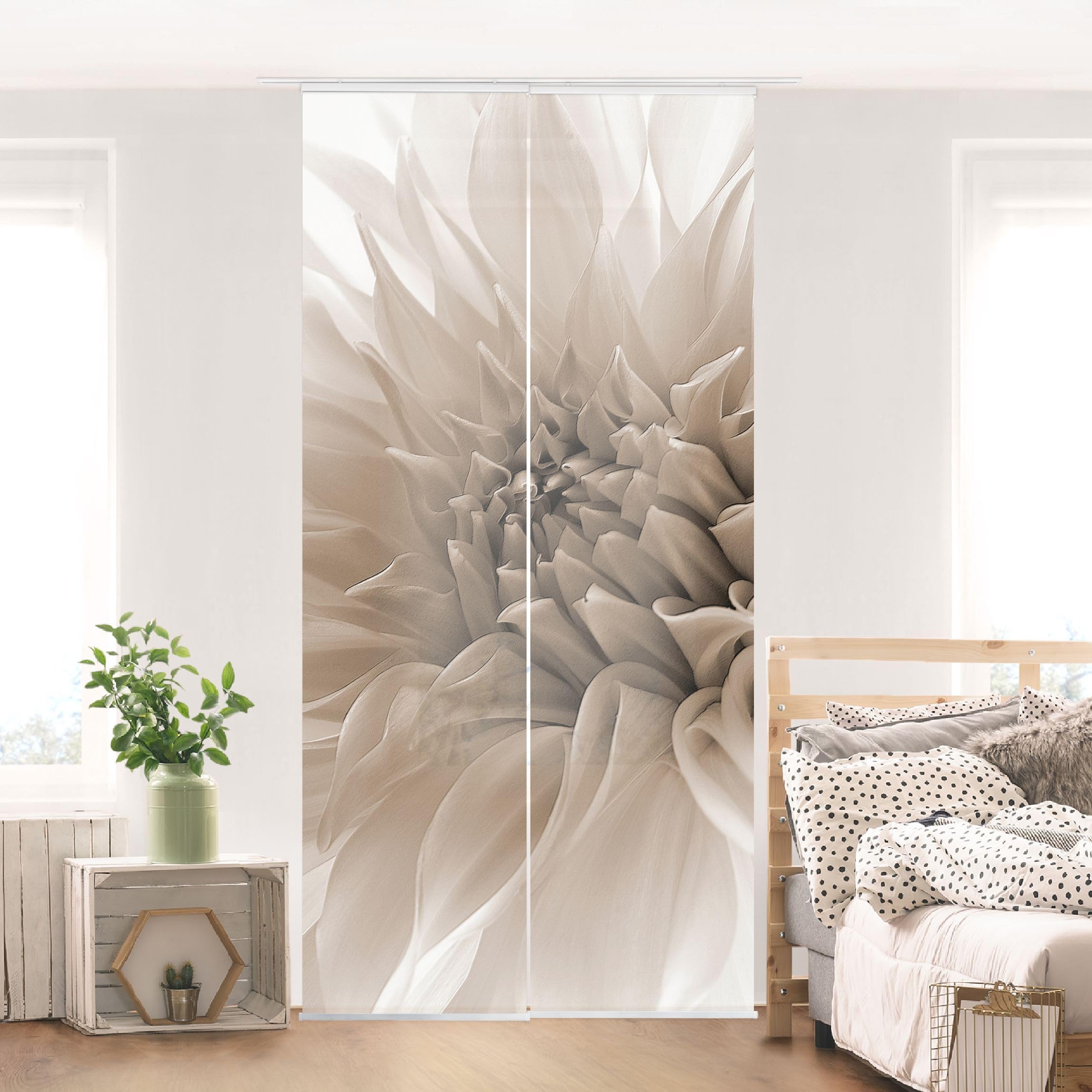 Schiebegardine halbtransparent 60er Paneel Klett Blumen Textil lichtdurchlässig - Motiv Modern Flächenvorhang beige Wohnzimmer Schlafzimmer 1179 (120x250 cm - 2er Set)