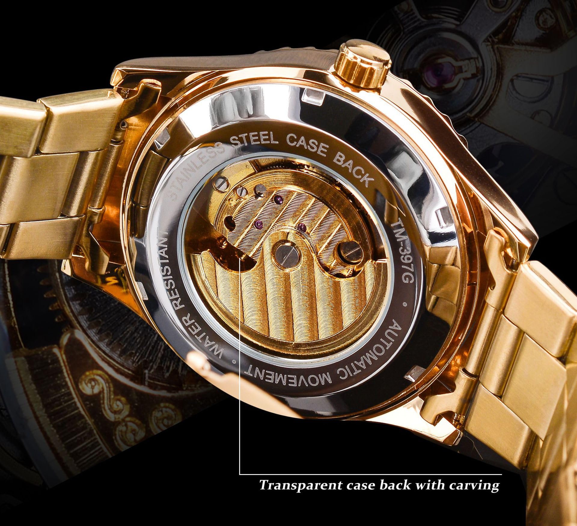 Golden Moon Phase Design Luxus Retro Stil Uhr Diamant Edelstahl Armband Skelett Tourbillon Männer Automatische Mechanische Uhren