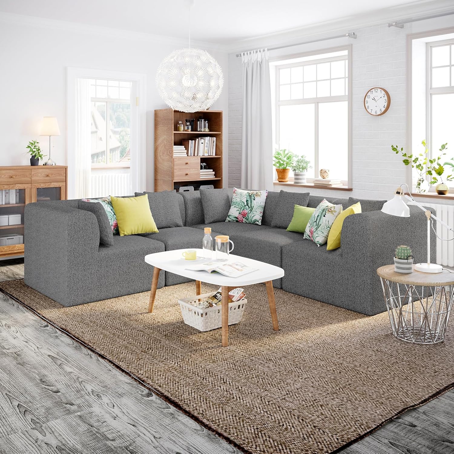 5 Seat Modern V Shaped Modular Cloud Couch - Convertible Sectional Sofa with Bonus Soft Pillows, Cloud Modular Sectional Sofa, Interiors Grey V Shaped