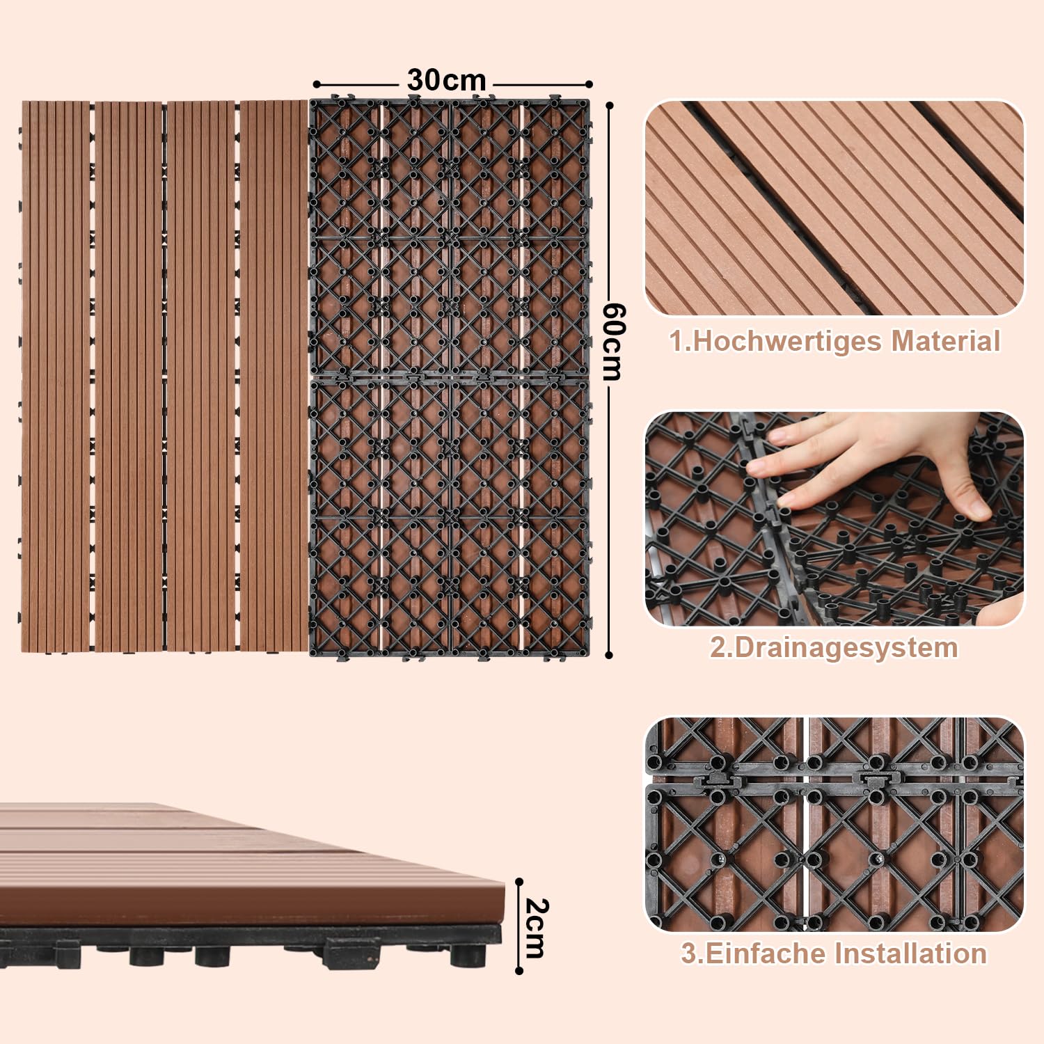 Pack de 6 baldosas WPC para terraza, baldosas de madera 30x60 cm - 1 m². Ideal para el exterior, baldosas de clic para balcón, jardín y terraza | instalación fácil, rápida y práctica