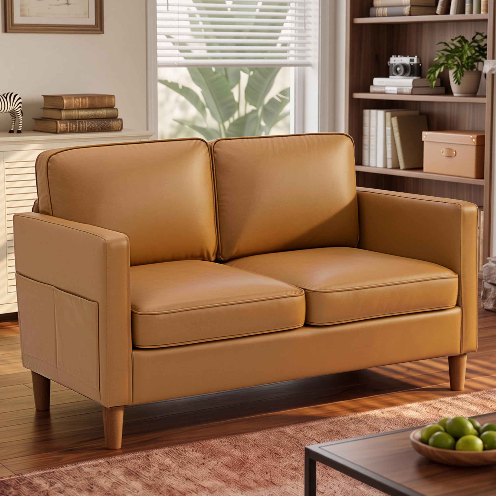 56" Faux Leather Loveseat Sofa, Mid Century Modern 2 Seater Love Seat Couch