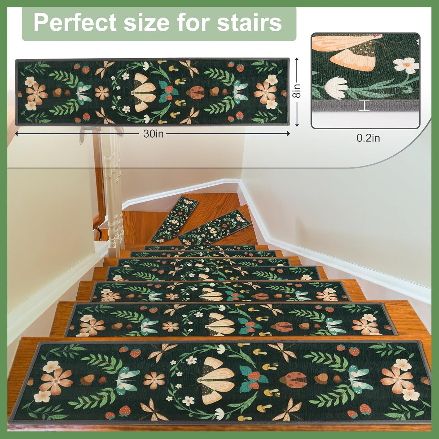 Non Slip Stair Treads for Wooden Steps - 15-Pack 8" x 30" Reusable TPE Adhesive Backing, Residue Free Stair Runner Carpet for Kids, Elders, Pets, Indoor, Dark Green