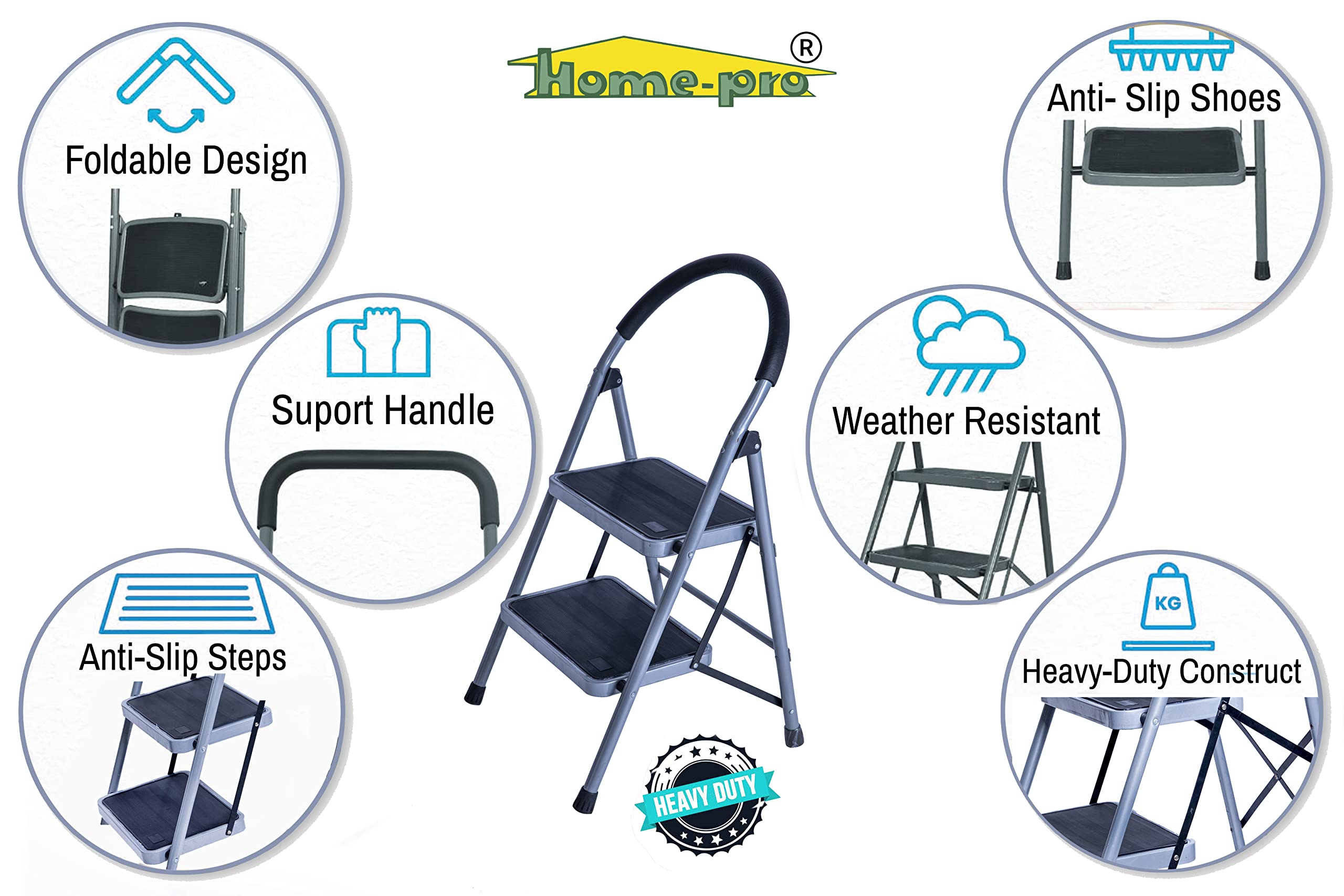 Home-pro Premium 2 Steps Foldable Heavy Duty Maximum Strength mild Steel Ladder with Anti Skid Wide Steps and 150kg Weight Capacity Grey 1