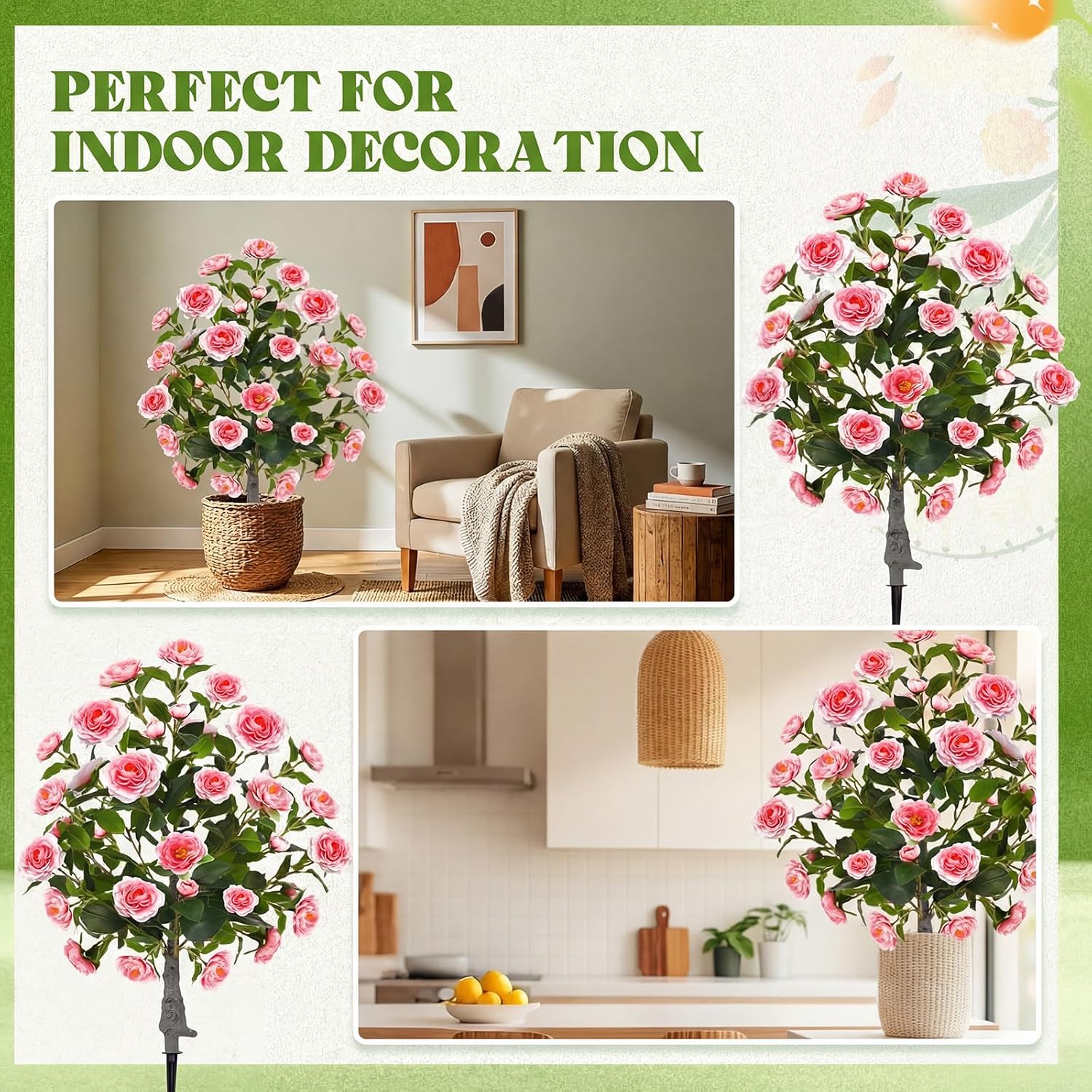 4 Pack 36" Artificial Camellia Flower Tree 3ft Outdoor Fake Flower Plant with Spike UV Resistant Faux Floral Blooming Bush for Front Door Porch Garden Indoor Patio Decor(Pink)