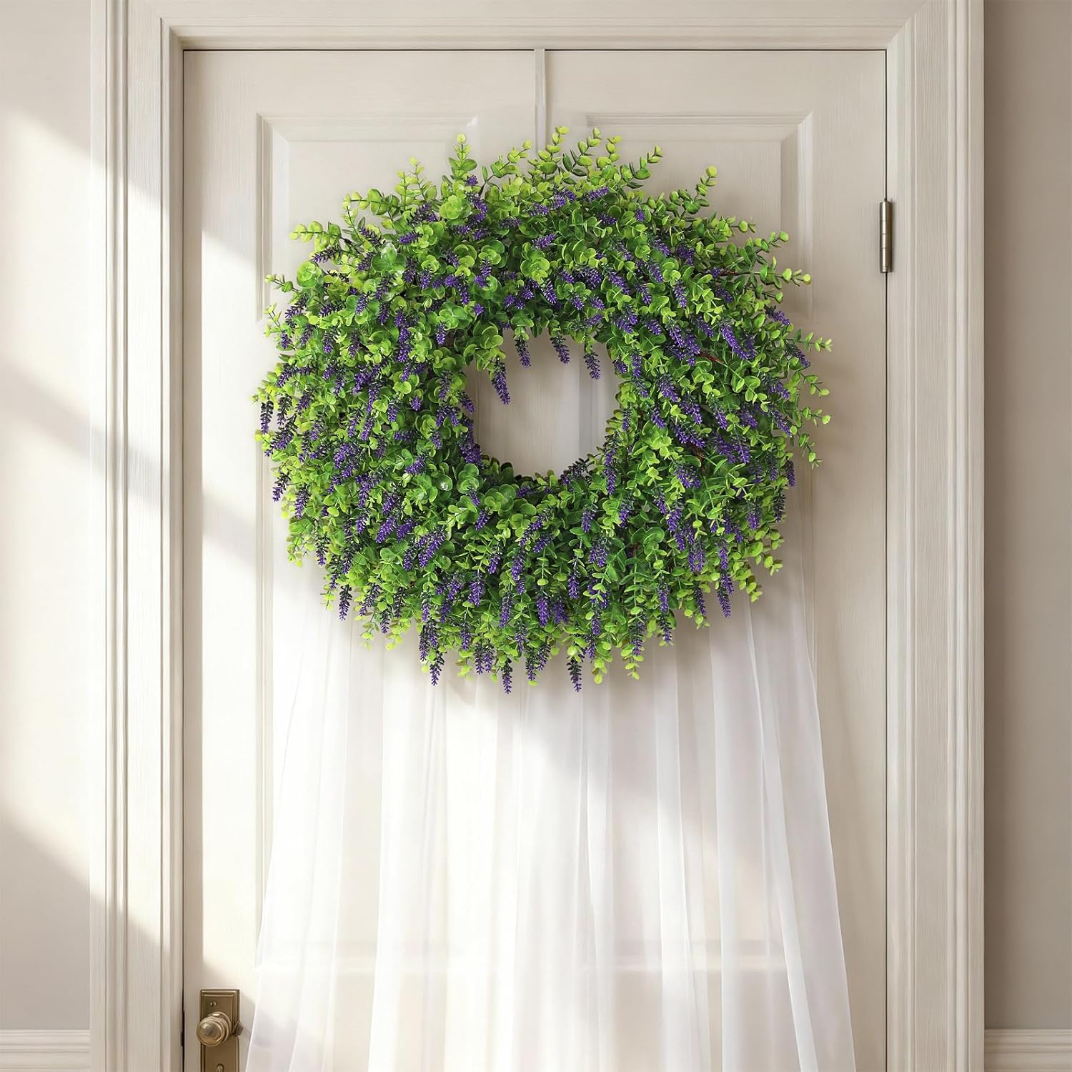 26" Artificial Lavender & Eucalyptus Wreath for Front Door - UV Resistant Faux Greenery Outdoor Wreath for Wall, Window, Farmhouse, Spring, Summer Decor