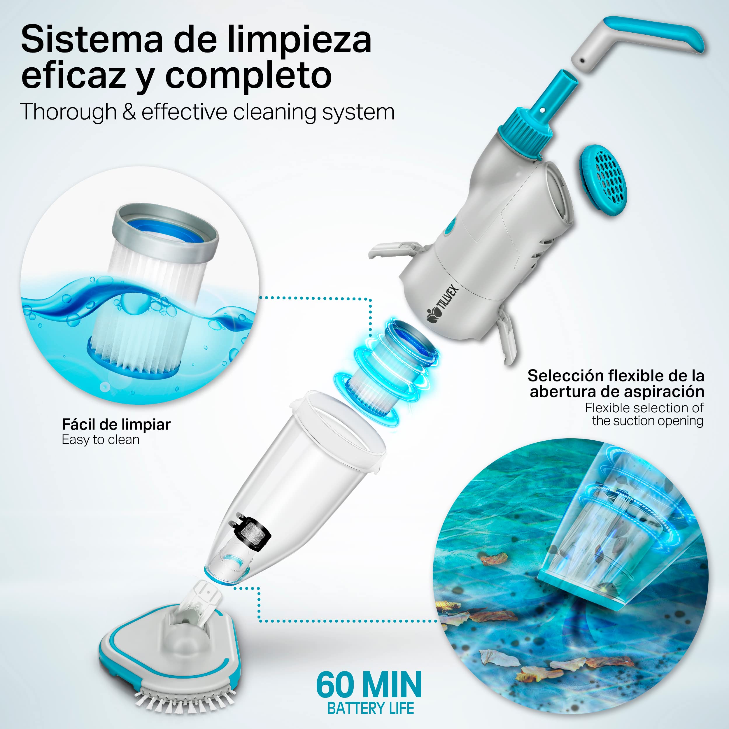 tillvex Limpiafondos Eléctrico de Piscina | Set Aspirador de Fondo Automático con Mango Telescópico | Aspiradora Inalámbrica de Limpieza con Filtro y 2 Velocidades