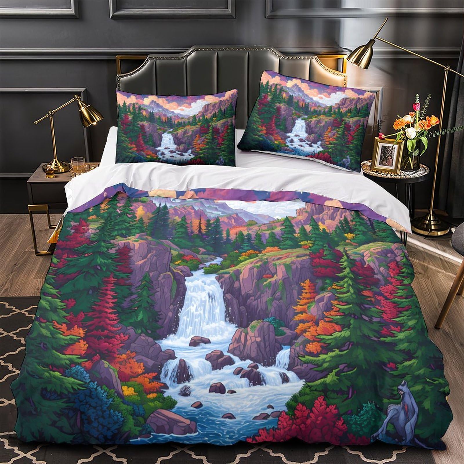 Housse de couette cascade 3d 135x200 parure lit microfibre pour ado