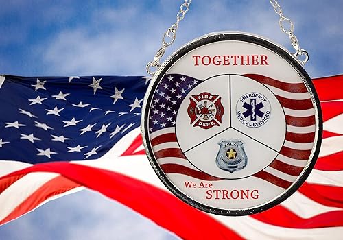 Miniatura 4 de First Responder Suncatcher - Rescate de bomberos - Policía - Médico - Juntos somos fuertes - Bandera estadounidense - 3 pulgadas de diámetro.