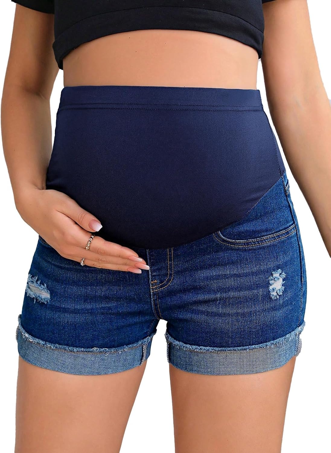 BLENCOT Maternity Jean Shorts Over Belly Stretchy Fold Hem Denim Pants