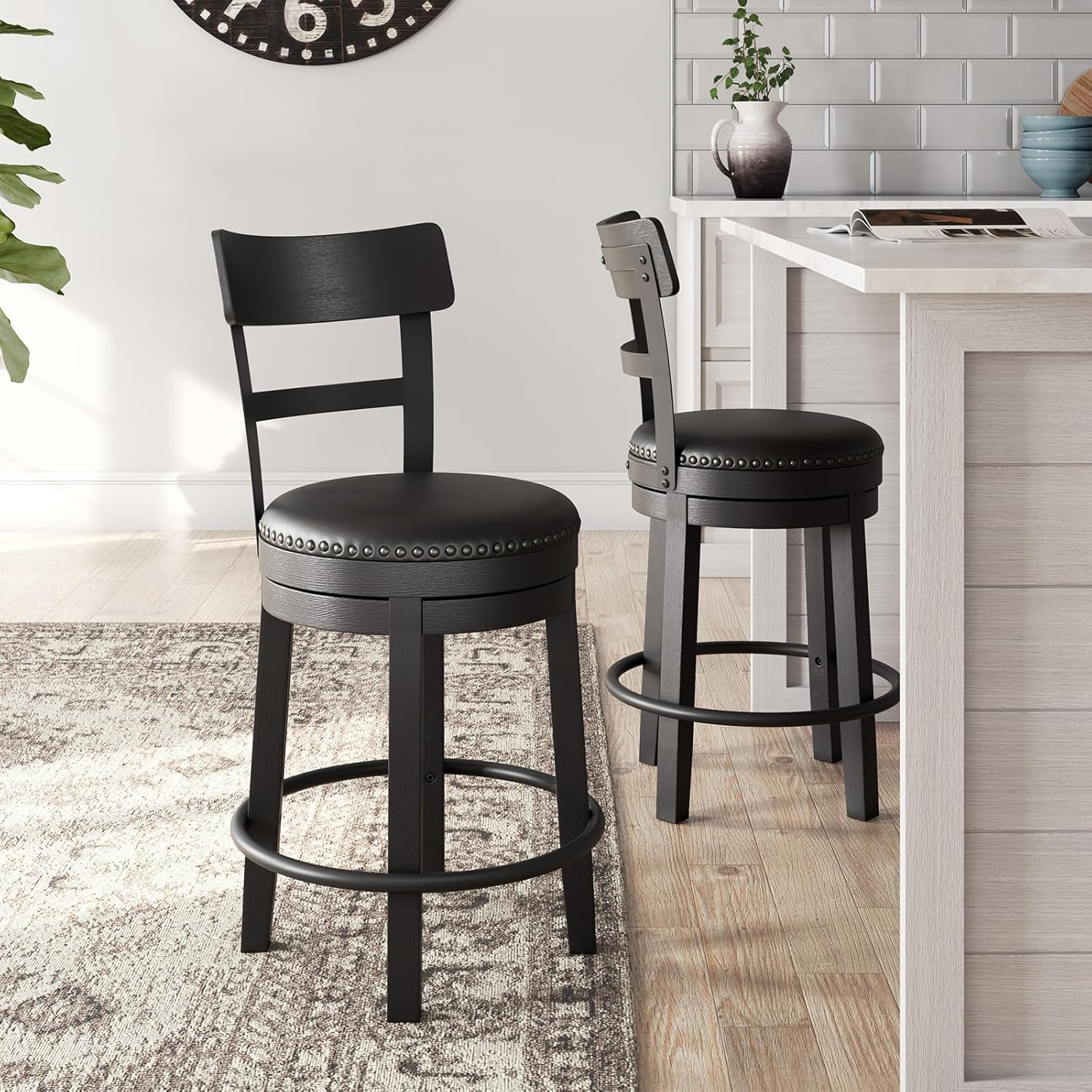 signature design by ashley valebeck faux leather upholstered swivel barstool, nailhead trim, solid wood, 16.75" w x 19.75" d x 37.25" h, antique black black counter high back