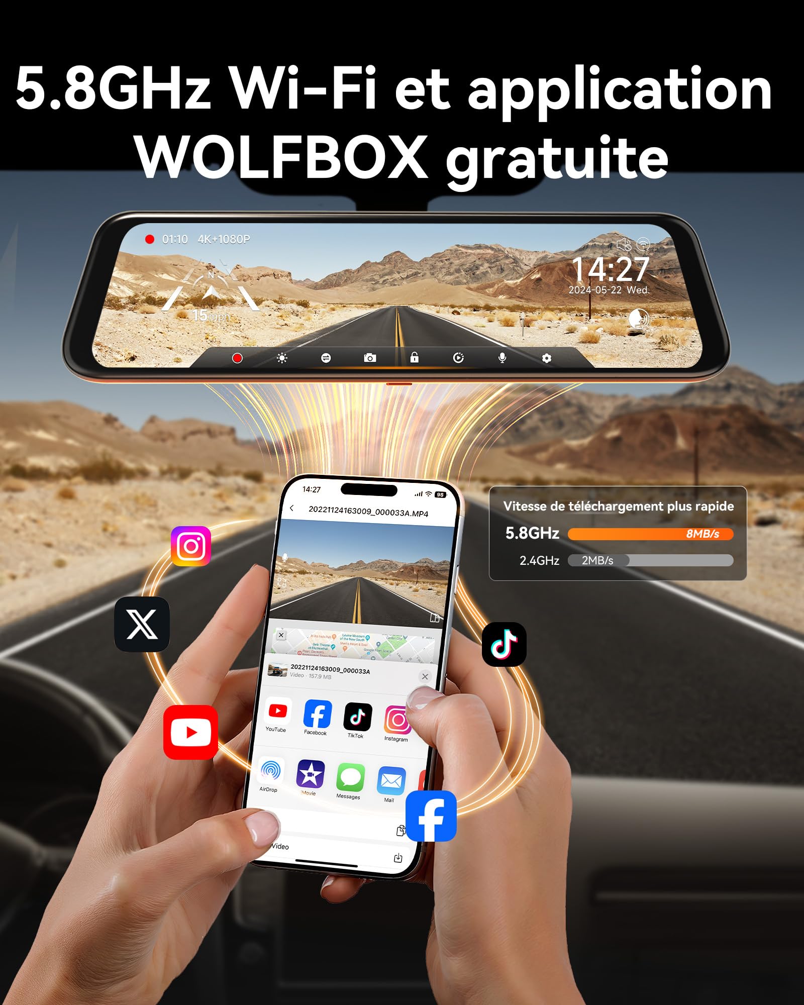 WOLFBOX 12'' G850 4K+1080P Dashcam Voiture Rétroviseur avec 5.8GHz WiFi et Commande Vocale, Enregistrement Boucle, Vision Nocturne, Moniteur Stationnement, Arrière Étanche, avec GPS et Carte 64 Go