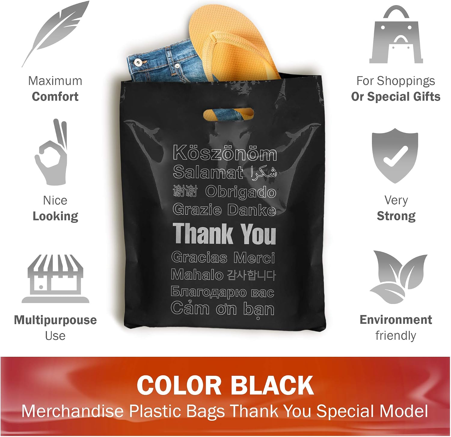 12x15 Black Thank You Bags, Multi-Language, Medium, 2 Mil Thick, 100 Pack image 2
