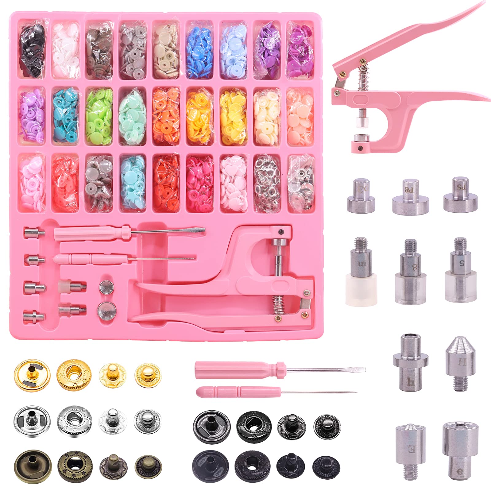 Swpeet Sewing Fasteners Kit with Snap Pliers, Installation Tool, 300 Sets Plastic and Metal Seamless Snap Buttons T3/T5/T8 for Sewing, Clothing, Bibs, Waterproof