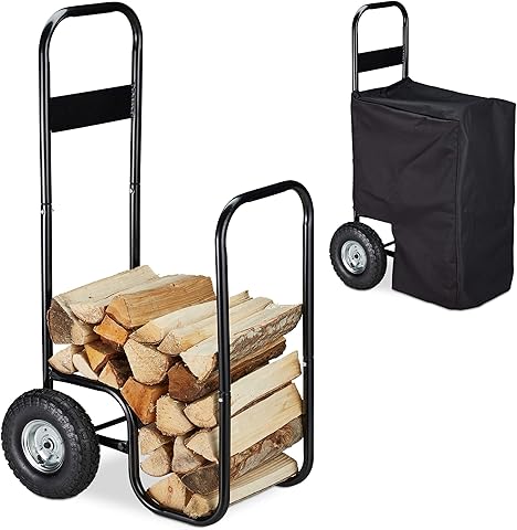 Relaxdays Carro para Leña con Ruedas, Carretilla Leños, Leñero con Funda Protectora, Acero, 60kg, para Almacenaje, Negro