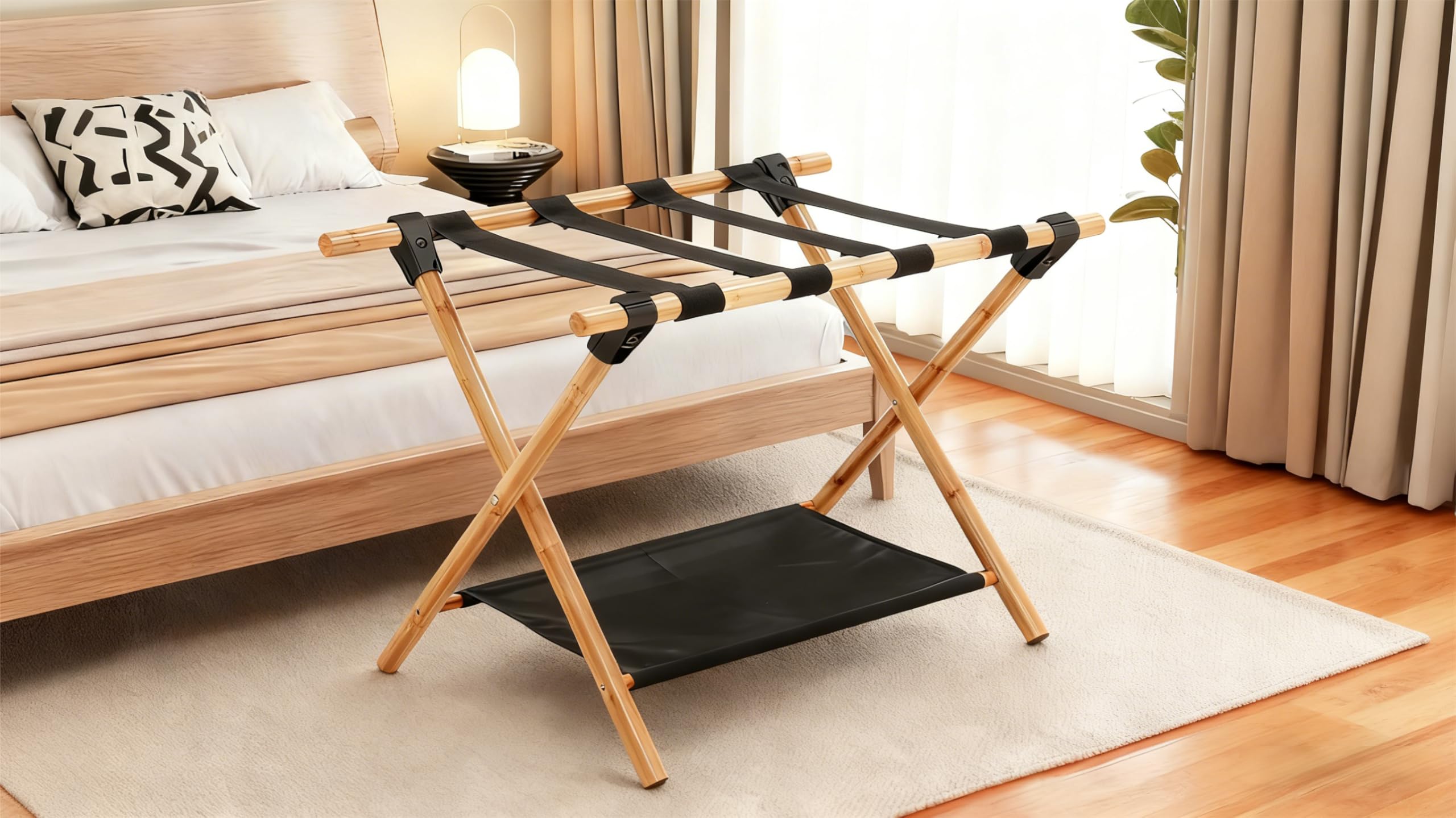 Portaequipajes, 2 unidades, portaequipajes portátil de madera para maleta, portaequipajes de doble cubierta que incluyen estante de almacenamiento y portaequipajes para uso familiar en hoteles