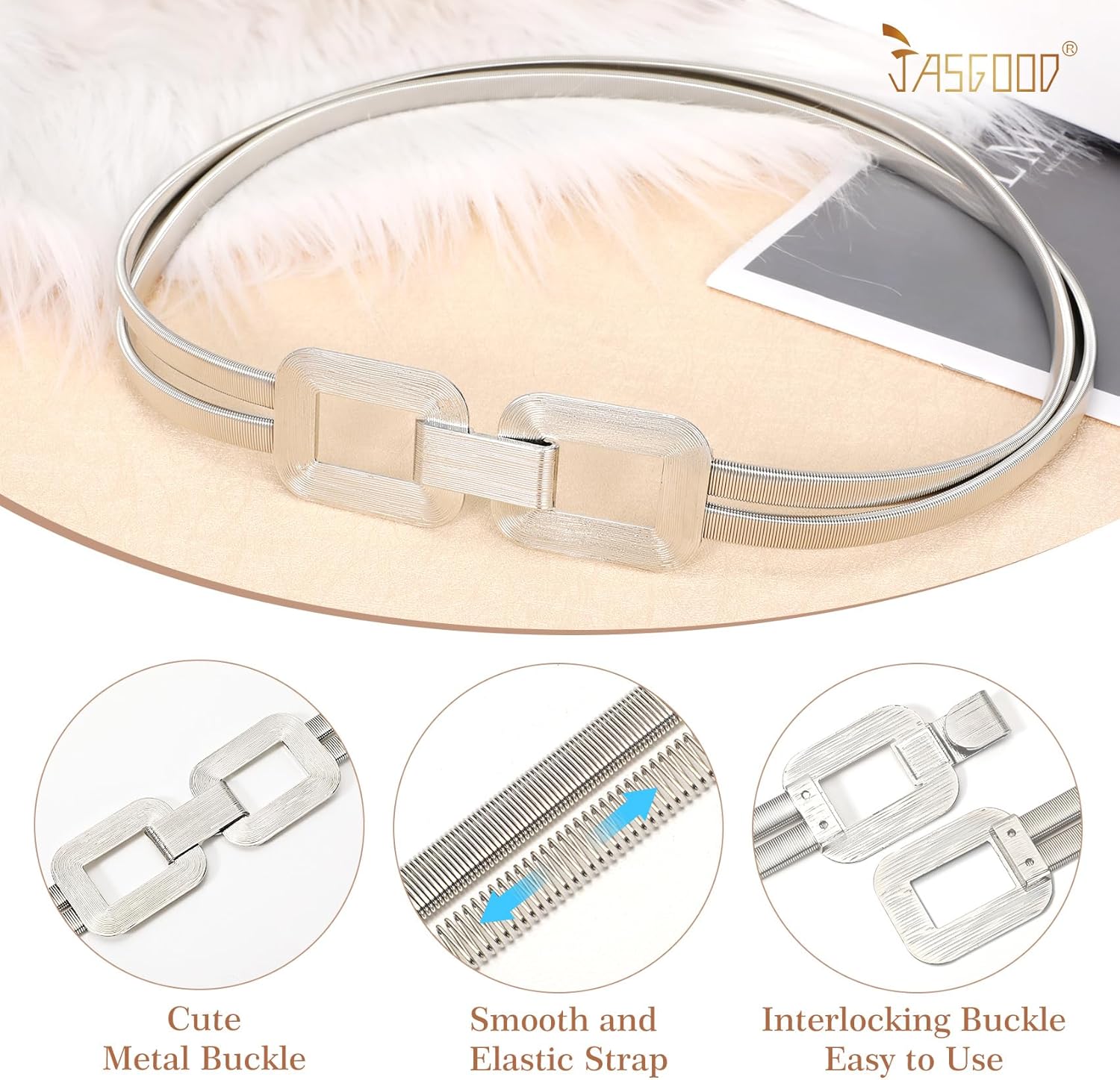 JASGOOD Skinny Metal Elastic Waist Belt for Women Stretch Thin Belt for Dresses - Image 3