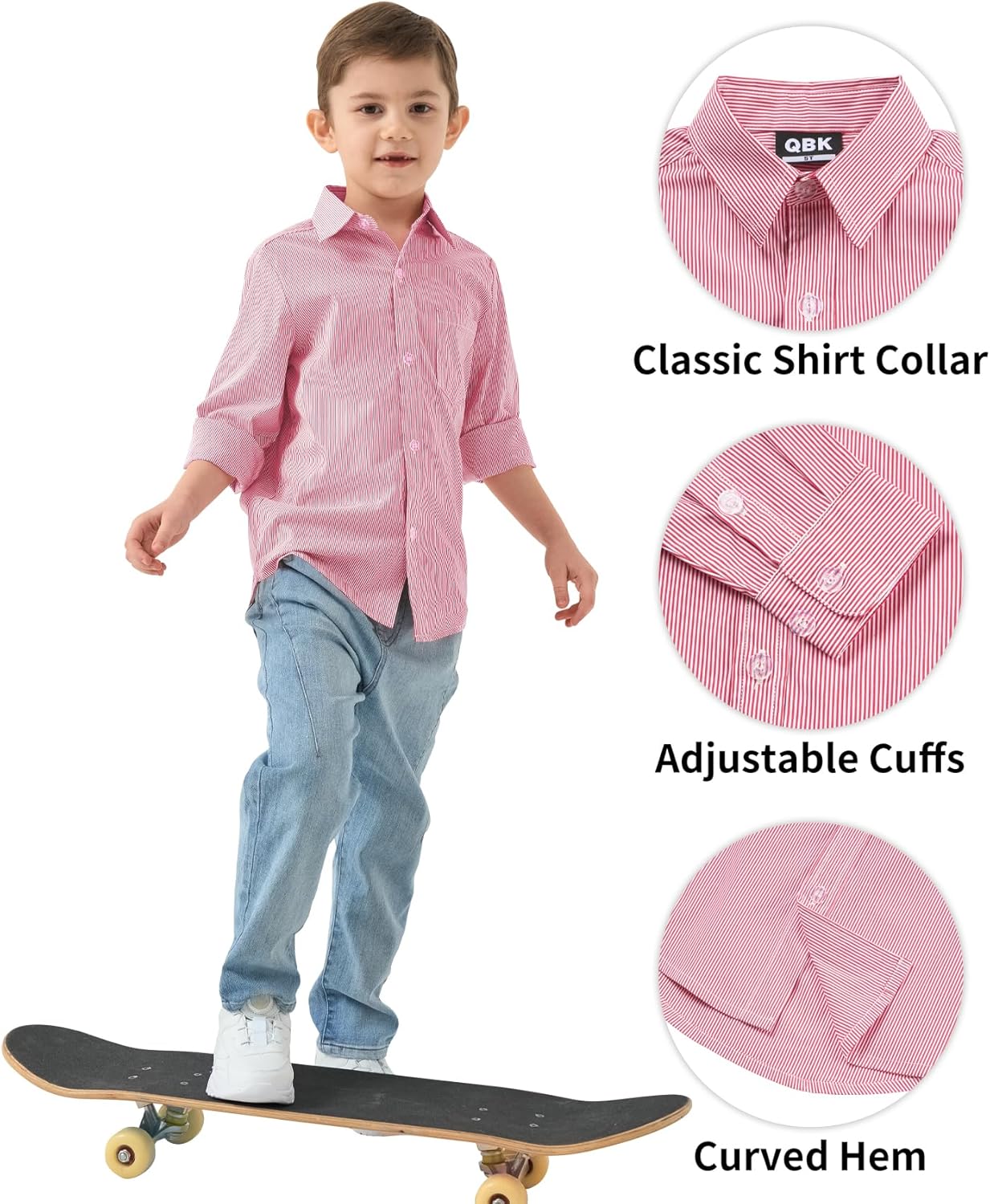 QBK Boys' Long Sleeve Button Down Shirts Oxford Dress Shirt Boys Striped Shirt for 2T-16 Years - Image 4
